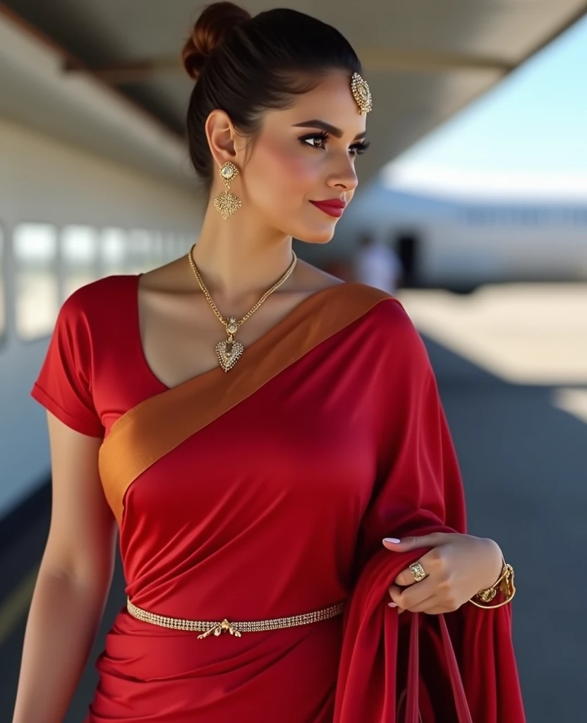 Red saree and red sleeveless blouse, busty navel,waist ring chain, busty body, brownish hair bun,thin waist chain, busty woman, showing navel visible in saree, sexy navel, taking item in top rack in aircraft, bright sunny day, aircraft back ground, carrying hand bag in right hand, gold watch, bindi in forehead, earrings, sexy makeup, navel exposed in saree, tight body, curvy body, red lips, attractive woman, 8k details