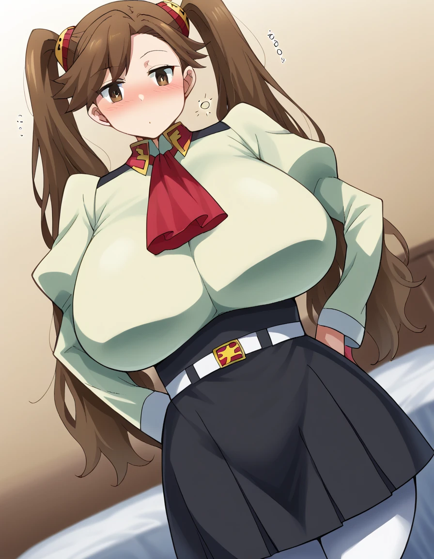 score_9, score_8_ up, score_7_ up,  Source_Anime, Kaoruko Sasaki , Kaoruko Sazaki,  long hair, Brown Hair,  hair accessories,  twin tails,  SWIPT BANGS,  brown eyes,  skirt,  pantyhose, belt, white  pantyhose, high-waist  skirt,  Puffy Sleeves ,  Long Sleeve ,  ascot , red  ascot , black  skirt, indoor,  bed,  bed room, Aside, , Drunk,  viewers,  Dutch angle to the side,  cowboy shot, Alone,、 zzz c  up , Exploding chest,特大の Big Breasts,Big Breasts, Big Breasts,超Big Breasts, s upermilk ,big Breasts,big Breasts,Big Breasts,Big big breasts,bigger breasts,big,セクシーな大きなシリコンの Big Breasts,セクシーなビッグサイズのシリコン製Big Breasts, saggy breasts,((垂れ下がった Big Breasts)),((重く垂れた Big Breasts:1.5))、Obscene body,Fat ,,  Erotic Manga Style Body  、  mature body steam  、 Sir's huge  、 Sir's huge  、 Too exaggerated  、 extra large、 over covered ,  hidden chest erection  、  abs　 creampied　ヌード ものすごくbig乳房、Very large breasts、Breasts that take up half of the body 