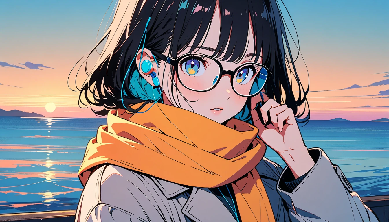 (( black hair)),((Pale Color)),masterpiece, ((( coat and scarf pulling elbows ))),(Pinch the muffler)、(stroll),((Earphones)),Highest quality, Beautiful attention to detail, Very detailed, In detail, High resolution, Perfect Anatomy, , , Girl, (one person:1.5), alone, (Glasses), (The face is bright), (((evening ocean background))), lonely expression、 Background, (City Pop anime),  Kyoto Animation, ,anime, 