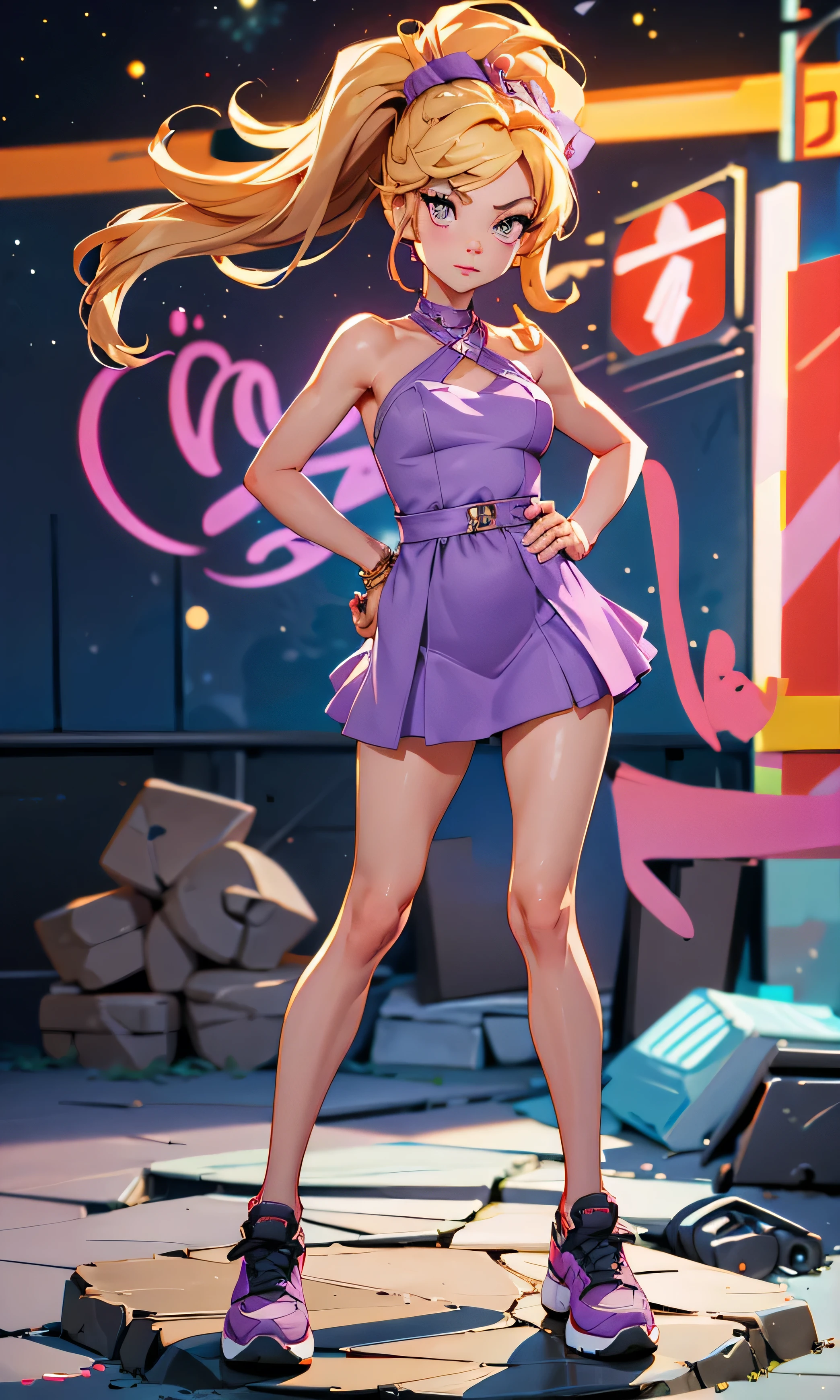 Masterpiece, 1 girl, beautiful, slim, head on, looking at the spectator , long hair , Blonde hair , brown eyes, arched eyebrows , full body , pretty legs, abdomen plano, Kpop outfit , purple dress, short dress , bell dress , bare shoulders, Megan neckline trendy , sports shoes , (((desnuda))), on the street, dark sky, Stone City clothing, Stone houses, stone path, flowers everywhere,