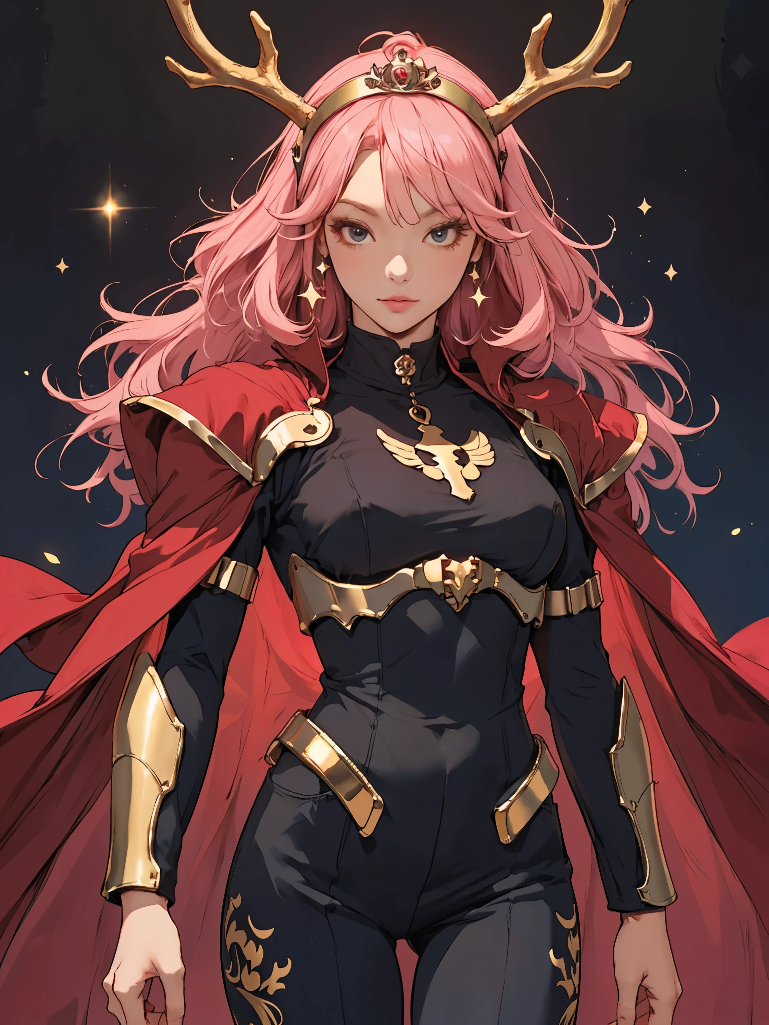 girl, sleek long shoulder guard, high collar black uniform, golden eagle symbol print, black and red cape, pink bob hair, straight fluffy hair, golden headband tiara headpiece, golden antler, gold buckle, black pants, sparkling starlight, 