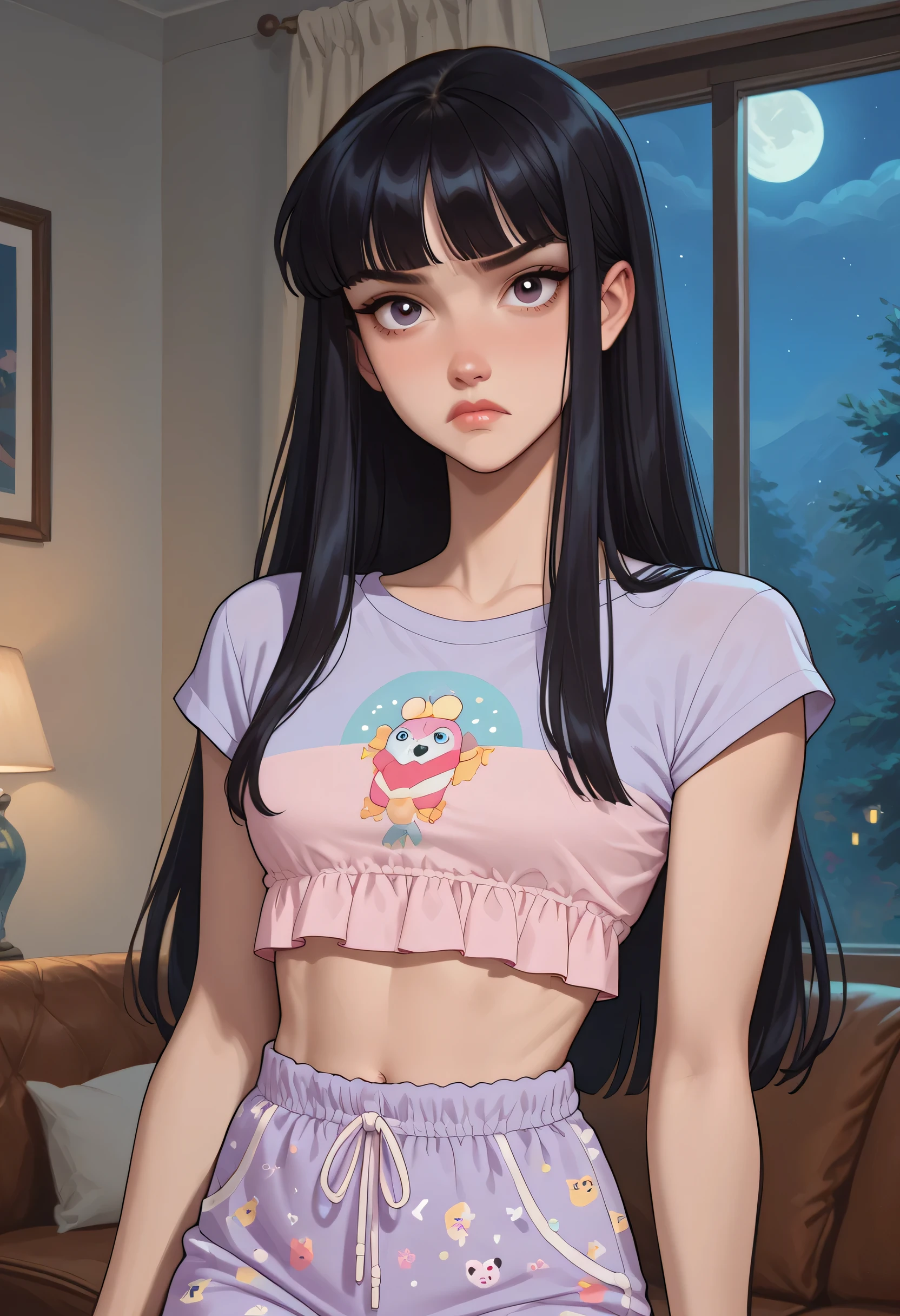 1girl, annoyed expression, pastel colores pajama topped crop, DARK HAIR, hime cut, looking at viewer, livingroom back. (Slim Body). (NIGHT:1.4) portrait. score_9, score_8_up, score_7_up. 