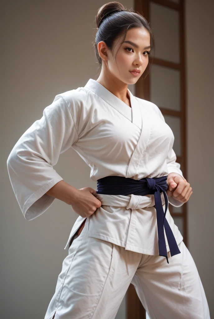 there is a woman in a karate outfit posing for a picture, in a fighting pose, fighting stance, karate pose, confident action pose, fighting pose, in a fighting stance, fighter pose, martial art pose, fighting posture, doing martial arts, wearing a white gi, she is ready to fight, fight pose, in an action pose, posing ready for a fight