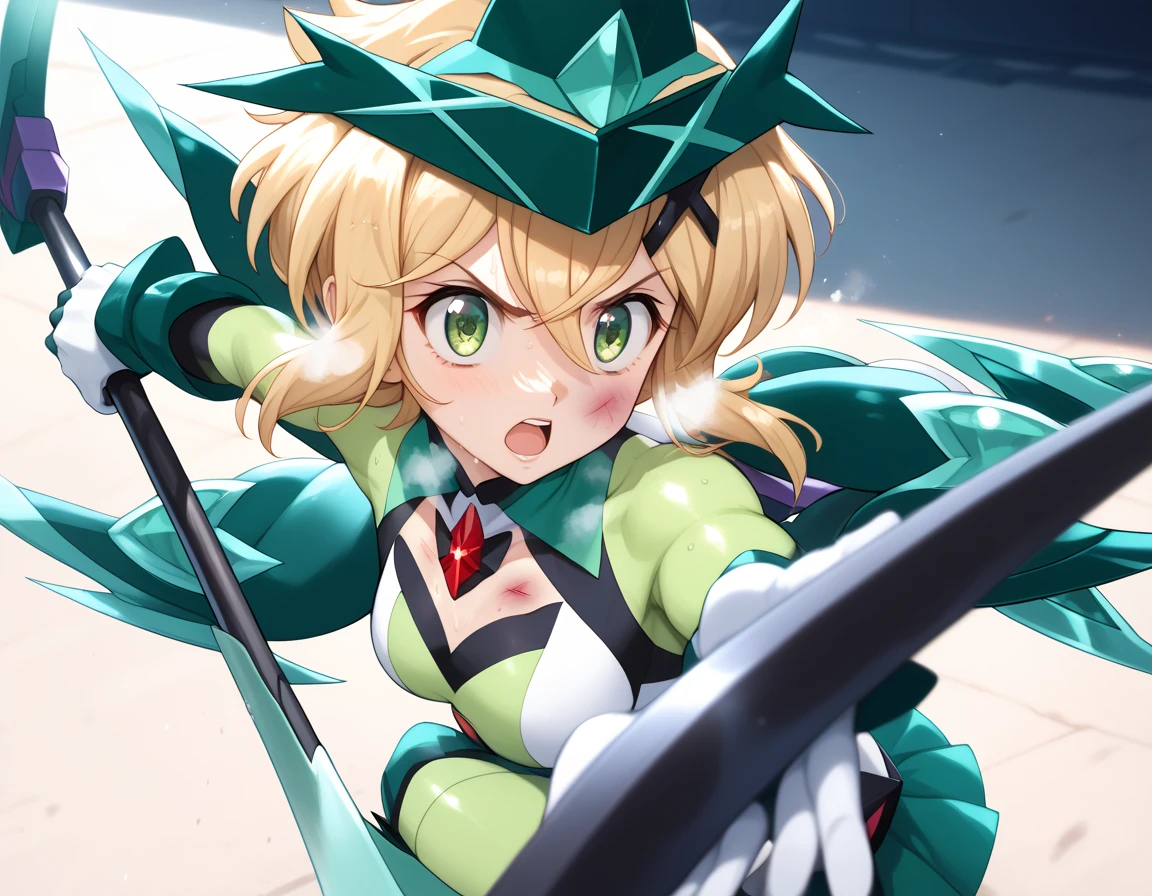  top quality ,  soft light during the cruise,  super high res, cute, Beautiful face in every detail , high resolution details of human skin texture, shiny skin,sweat,Heat, white breath ,Take a deep breath,Akatsuki Song,Blonde,Short Hair, battle costume,Outdoor Arena,sunlight, serious eyes,Ready,Big eyes, Symphogear ,armed gear , open mouth ,Fighting pose,bruised body, has a scythe, wearing a hat, hair ornament