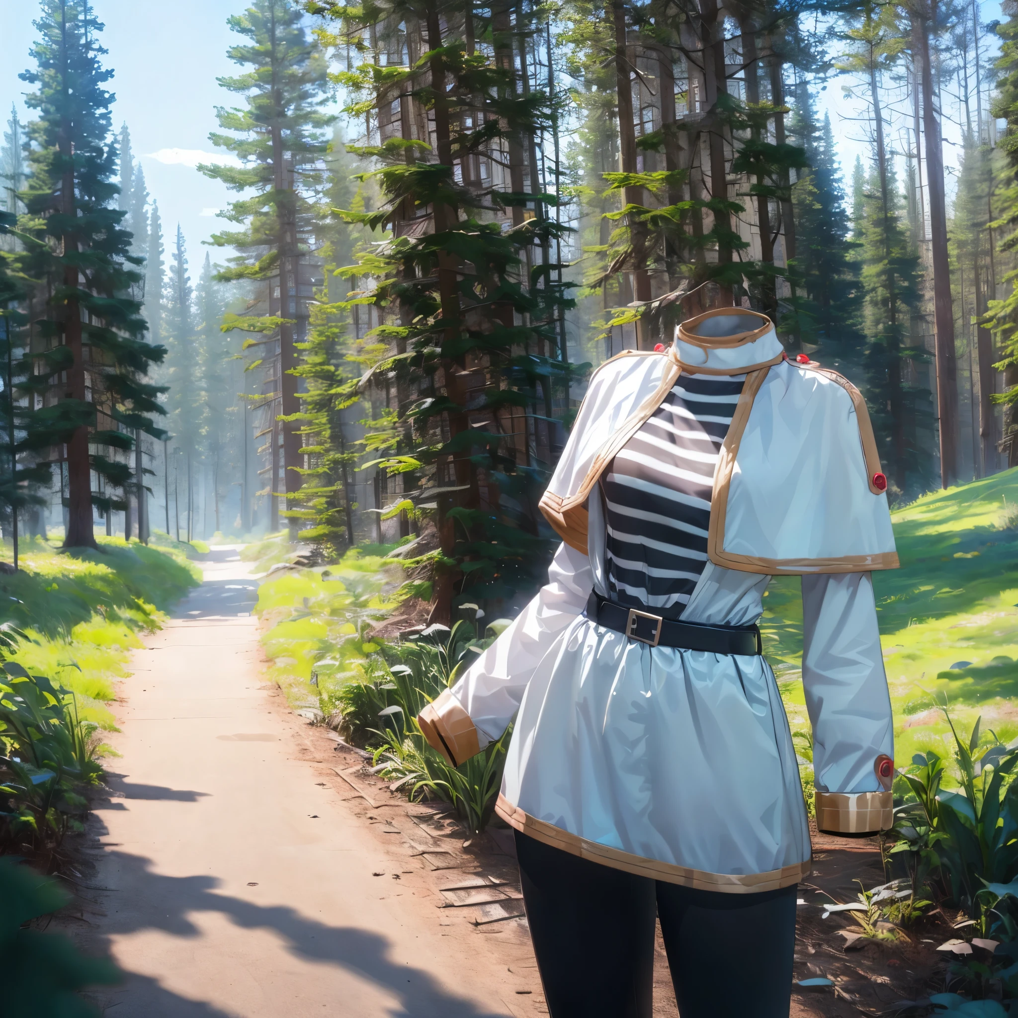 (invisible:1.5, no humans:1.5, headless:1.5, faceless:1.5), aafrie, white capelet, striped shirt, long sleeves, belt, white skirt, black pantyhose, (8k, RAW photo, best quality, masterpiece:1.2), (realistic, photo-realistic:1.37), photon mapping, radiosity, ((Hasselblad photography)), physically-based rendering, in forest