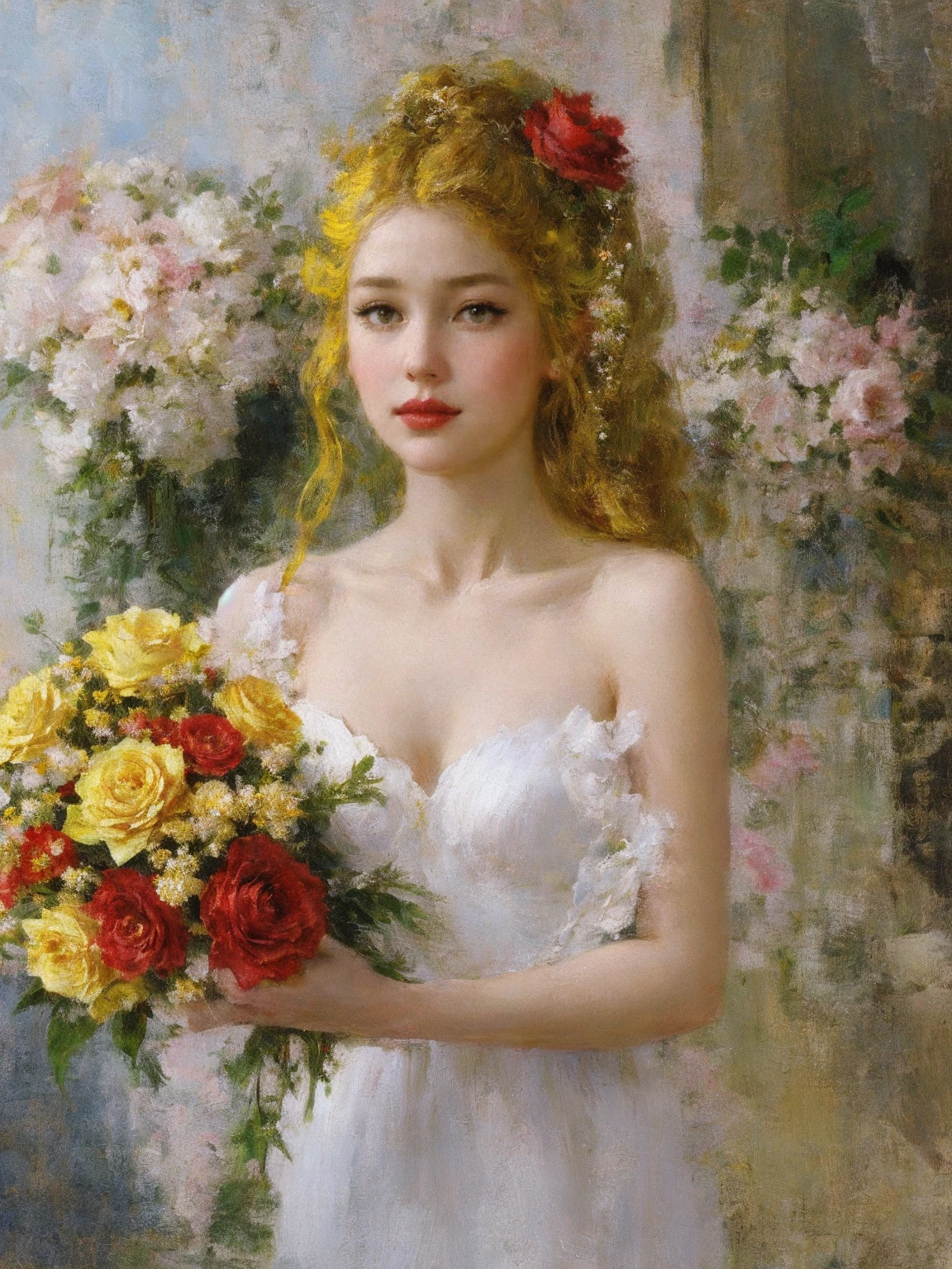 portrait,1girl,,solo,white dress,holding bouquet,very long hair,red flower,yellow hair,red rose,