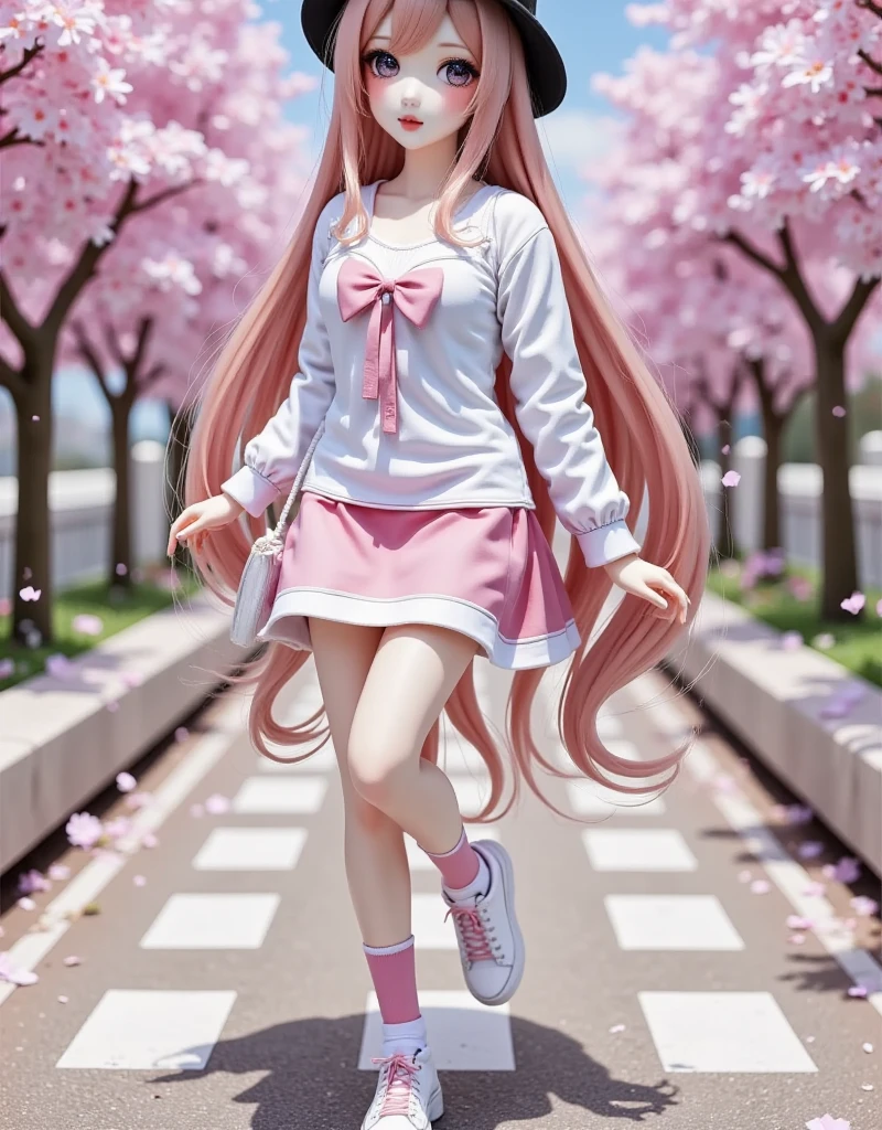 1girl, solo, long hair, looking at viewer, skirt, shirt, long sleeves, hat, holding, twintails, very long hair, standing, full body, white shirt, pink hair, flower, outdoors, shoes, socks, pink eyes, bag, arm up, tree, black headwear, shadow, standing on one leg, cherry blossoms, pink skirt, walking, road, pink theme, spring \(season\), crosswalk, pink socks, hatsune miku, sakura miku , eye trail,backlighting,depth of field,cinematic lighting,light particles,lens flare, (artist:quasarcake:0.8),extreme aesthetic,(wlop:0.6),honjou honjou raita,lack,rella,wanke, raita,lack,rella,wanke,masterpiece,best quality,good quality,newest,year 2024,year 2023,very aesthetic,absurdres,Visual impact,A shot with tension, ultra-high resolution,32K UHD,sharp focus,best quality,masterpiece,Emotionalization,unconventional supreme masterpiece,masterful details,temperate atmosphere,with a high end texture,in the style of fashion photography, (Visual impact:1.2),giving the poster a dynamic and visually striking appearance,impactful picture,offcial art,colorful,splash of color,movie perspective, masterpiece,best quality,amazing quality,very aesthetic,absurdres,best quality,newest,crossed legs,as ghost mode,gylm