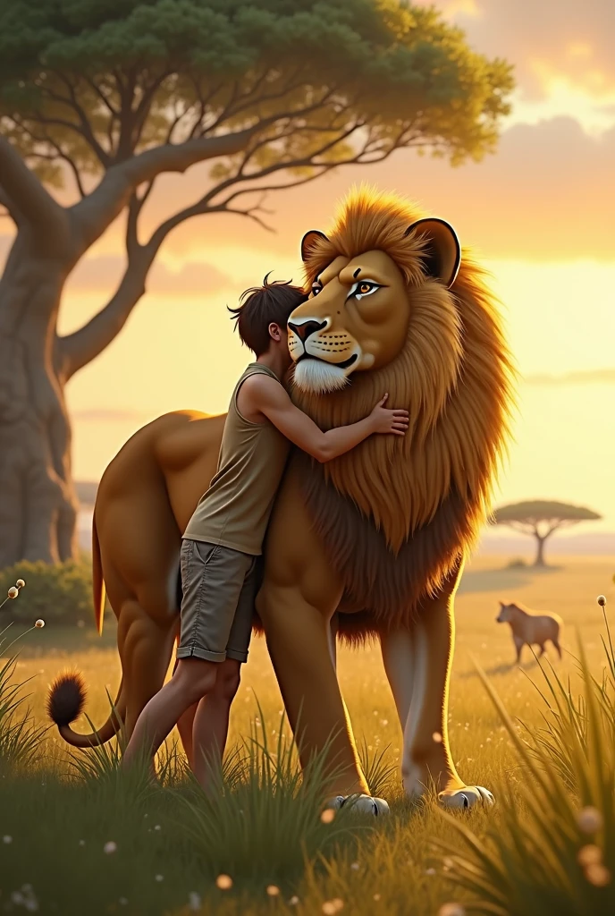 The lion and the child are spied on by another lion while they are taking a nap
