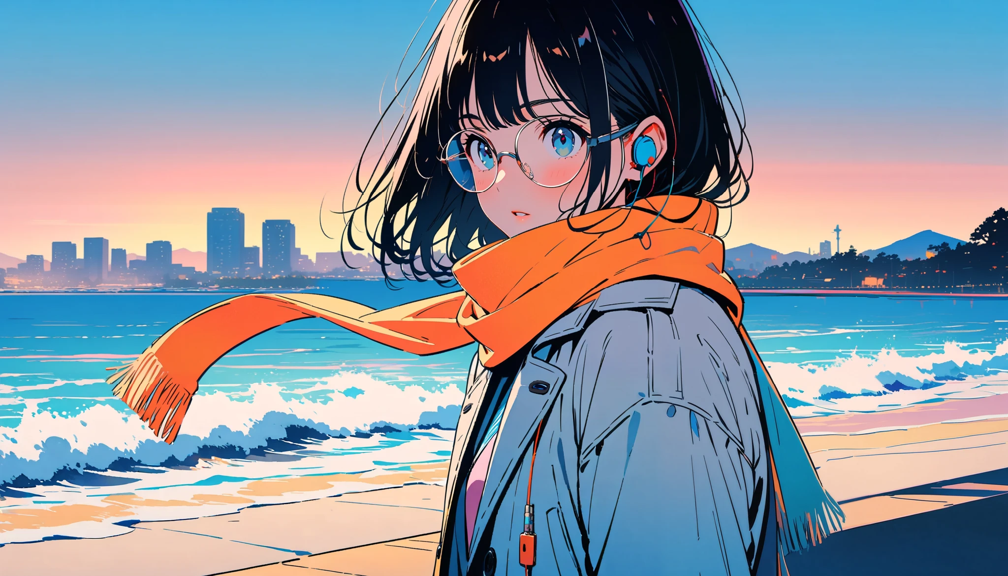 (( black hair)),((Pale Color)),masterpiece, ((( coat and scarf pulling elbows ))),(Pinch the muffler)、(stroll),((Earphones)),Highest quality, Beautiful attention to detail, Very detailed, In detail, High resolution, Perfect Anatomy, , , Girl, (one person:1.5), alone, (Glasses), (The face is bright), (((evening ocean background))), lonely expression、 Background, (City Pop anime),  Kyoto Animation, ,anime, 