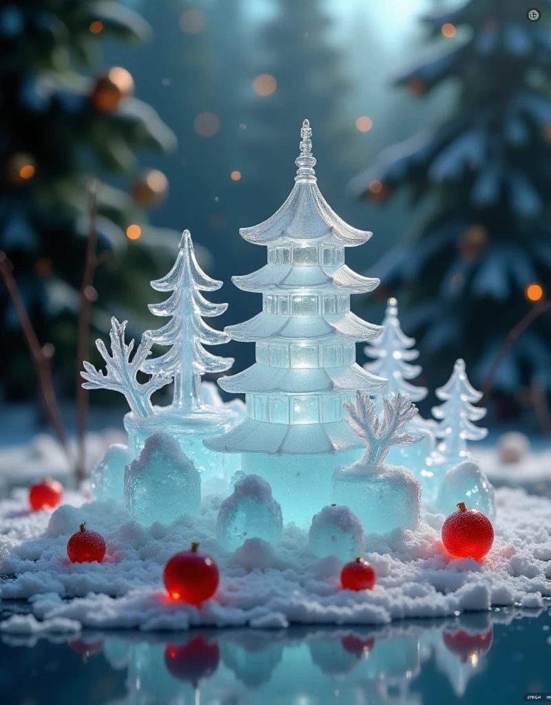 miluo_zsyd, This is a photograph of a meticulously crafted ice sculpture set against a backdrop of soft, natural light. The central focus is an elaborate ice structure that replicates a serene landscape featuring a traditional East Asian pagoda, surrounded by stylized trees and rocks. The ice is translucent, with shades of pale blue and white, giving it a delicate, ethereal appearance. The pagoda, located slightly to the right of the center, is detailed with tiered roofs and intricate carvings, which are accentuated by the ice's translucency.The surrounding landscape includes sculpted trees with needle-like branches, and jagged rock formations that appear to be covered in frost. Small, round ice pieces resembling fruit are scattered around the base of the sculpture, adding to the naturalistic feel. The background features a soft-focus, misty ambiance with hints of greenery, suggesting a forested area. The foreground includes a glass surface with a subtle blue tint, reflecting the ice sculpture and adding a sense of depth. The overall composition exudes a tranquil, almost otherworldly atmosphere, with the play of light and shadow enhancing the intricate details of the ice.