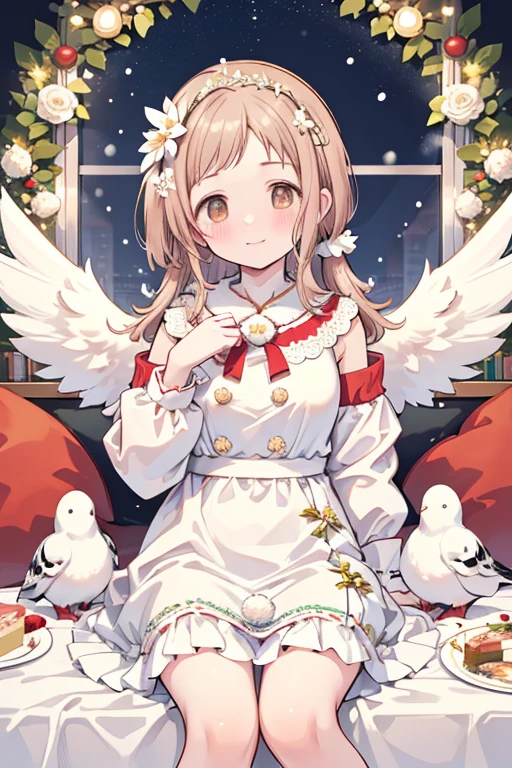 Sakuragi Mano, ((Mega Breasts)),　　(((Starry Sky))), Absolute territory,　　smile, 　((Midnight)), Fluffy,　(Healing), Frills, ((a little white pigeon)), ((feathers)),　brooch, medium hair, best quality, masterpiece, blush, pigeon's blood ruby accessory, light brown hair, 　outside curling hairstyle, side fringe, (forehead : 1.28), left-right symmetry fashion,　Xmas, ((Xmas tree in the room)), ((((white shift dress)))), completely white fashion, ((angel)),　long sleeves, winter, ((((snow)))), light brown hair, light brown eyes, 　living room, Xmas party, present box under Xmas tree, (cake on the dish), sitting on the sofa, eating a piece of cake, quilted skirt, stuffed bird toy, (((white flower crown))),　(white wrist scrunchie), (white ankle scrunchie), ((white wings)), (((spoken heart))), having dish,