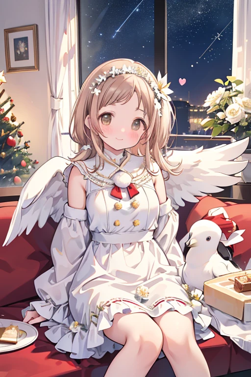 Sakuragi Mano, ((Mega Breasts)),　　(((Starry Sky))), Absolute territory,　　smile, 　((Midnight)), Fluffy,　(Healing), Frills, ((a little white pigeon)), ((feathers)),　brooch, medium hair, best quality, masterpiece, blush, pigeon's blood ruby accessory, light brown hair, 　outside curling hairstyle, side fringe, (forehead : 1.28), left-right symmetry fashion,　Xmas, ((Xmas tree in the room)), ((((white shift dress)))), completely white fashion, ((angel)),　long sleeves, winter, ((((snow)))), light brown hair, light brown eyes, 　living room, Xmas party, present box under Xmas tree, (cake on the dish), sitting on the sofa, eating a piece of cake, quilted skirt, stuffed bird toy, (((white flower crown))),　(white wrist scrunchie), (white ankle scrunchie), ((white wings)), (((spoken heart))), having dish,