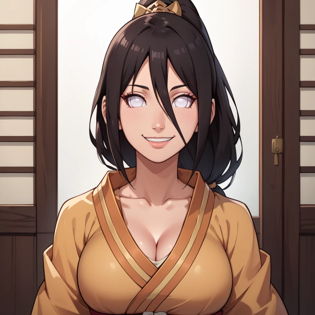 score_9, score_8_up, score_7_up, 1 girl, 1girl, hanabi hyuuga, black hair, long hair, ponytail, hair between eyes, no pupils, white eyes, large breasts, cleavage, hakama skirt, japanese clothes, kimono, long wide sleeves, sash, smile, upper body, looking at viewer, solo, simple background, solid grey background, masterpiece, best quality
