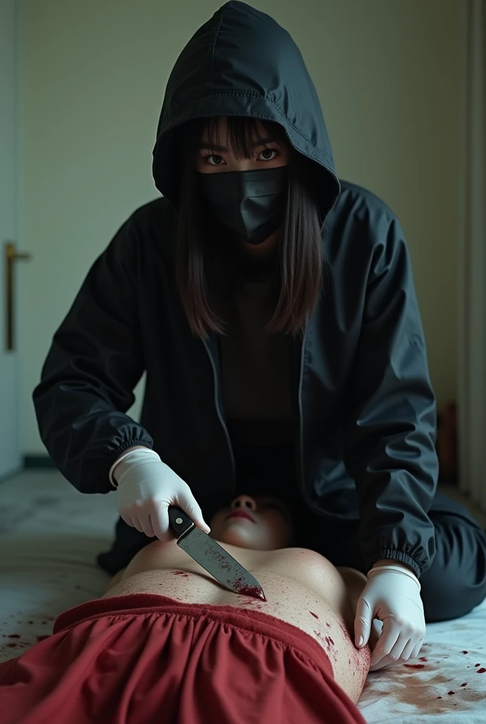 korean girl, (behind naked corpse, surgical mask), holding knife, stabbing, black gloves, room full of blood, black raincoat, plump, hood up, holding knife, black gloves, behind corpse, looking at viewer, blood splatter, bondage, long bangs, bed room, black wet suit, night, mass murderer, killer, robbery, dark atmosphere, cinematic lighting, atmospheric realistic, light from the window close-up,
