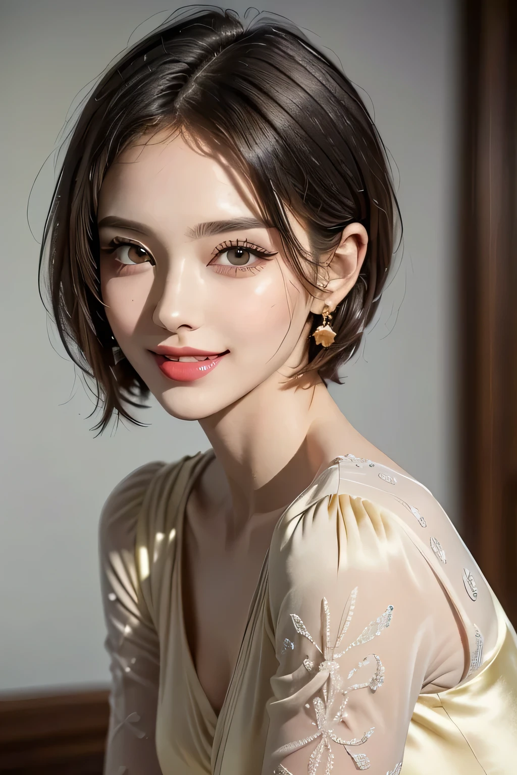 (1.  beautiful women,  supermodel ), (    perfect anatomy ), ((  cowboy shot )), Golden Ratio, (top quality:1.4), 32k resolution, (  realistic    :1.5), High resolution UHD, (masterpiece :1.2)), (Improved quality:1.4), (  Very Beautiful Face Details  ), ( smile), (Top quality), ((light yellow Silk Dress decorated with detailed pattern :1.37)),  earrings,   necklace, (Big Breasts:1.3), (thigh), Accurate Fingers, Very detailed, beautiful eyes,   double eyelids ,   eyelash  , Shaping your eyebrows, (( Very detailed)),   red cheeks  , Ultra-   realistic    eyes, Perfect Lips,     perfect eyes,   Natural Cosmetics  , [  Pink Lipstick], (( Commitment to quality   :1.2)), (  beautiful lips:1.33), (Great nose:1.2), (Big Breasts),   brunette pixie cut, ((  realistic  )), (( Sharp Focus )), (   highest resolution), ((  high image quality)), ((masterpiece)),   Professional Cinema Lighting 