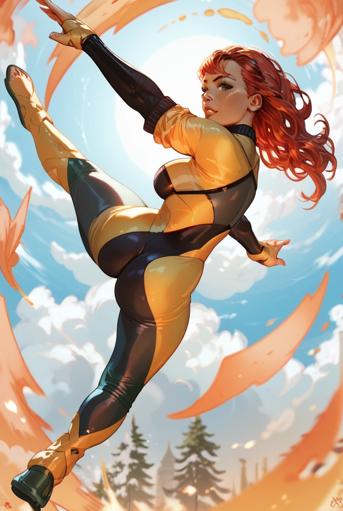 Sexy jean grey,dynamic pose,flying,big breast,ass,red hair