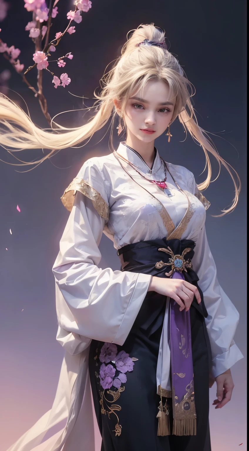 1 beautiful girl in Han costume, ((white thin purple silk shirt with a lot of texture)), white lace top, long purple platinum ponytail Hair, Jewelry, ear jewelry, necklaces and necklaces, carefully drawn big purple eyes, makeup careful, thin eyebrows, high nose, beautiful red lips, no smile, pursed lips, rosy cheeks, wide breasts, big breasts, proportional breasts, slim waist, purple fishnet socks, chinese hanfu style, fictional art texture, colorful bright and realistic, RAW Photo, Realistic Photo, ultra high quality 8k surreal photo, (effective fantasy light effect: 1.8), 10x pixels, magical effect (Background): 1.8), ultradetailed eyes, full body portrait of girl , Chinese royal background, dynamic pose