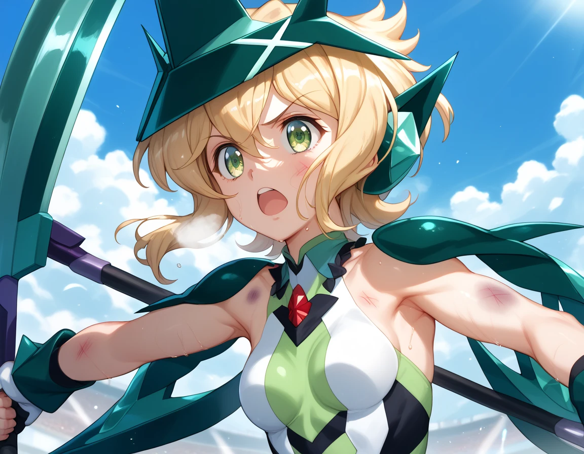  top quality ,  soft light during the cruise,  super high res, cute, Beautiful face in every detail , high resolution details of human skin texture, shiny skin,sweat,Heat, white breath ,Take a deep breath,Akatsuki Song,Blonde,Short Hair, battle costume,Outdoor Arena,sunlight, serious eyes,Ready,Big eyes, Symphogear ,armed gear , open mouth ,Fighting pose,bruised body, has a scythe, wearing a hat, hair ornament, torn clothes 