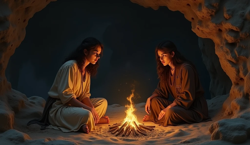 Realistic image of Ruth and Naomi from the Bible sleeping in a cave at night, and with similar clothes