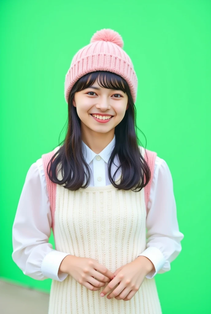 Photorealistic, high-quality 32k photo　Top quality,  Japanese women,Plain girl　 white knit dress　pink knit hat　Weather girl　Age: 22　Live TV　In the middle of the report 