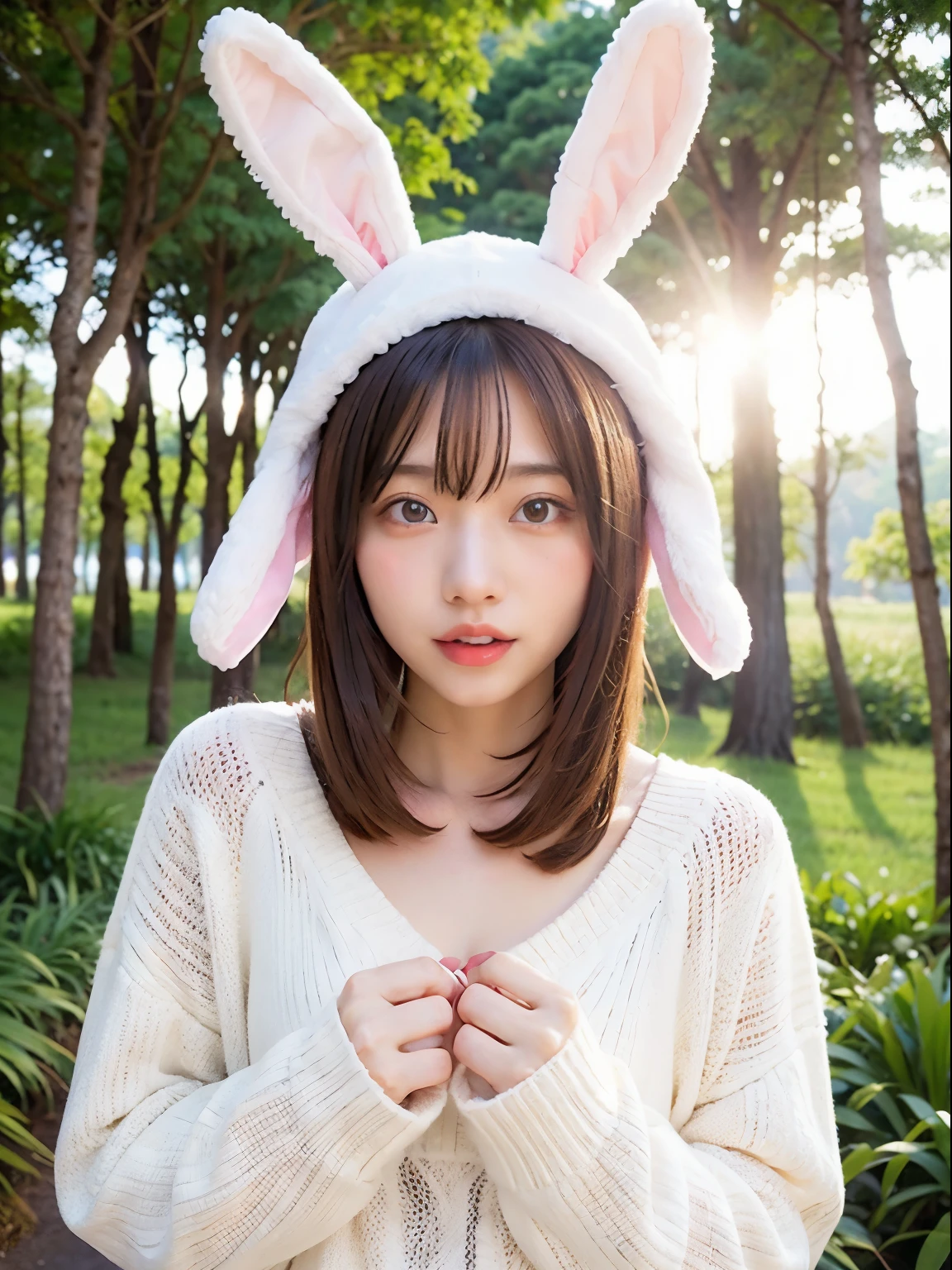 female、(oversized_Wearing a sweater、bunny_ears_hat:1.3)、Red bunny_ears、
good hand、4K、hight resolution、​masterpiece、top-quality、headw:1.3、((Hasselblad photo))、Fine skin、Sharp focus、(lighting like a movie)、Soft lighting、dynamic ungle、[:(detailed face:1.2):0.2]、medium chest、((at a forest)))、