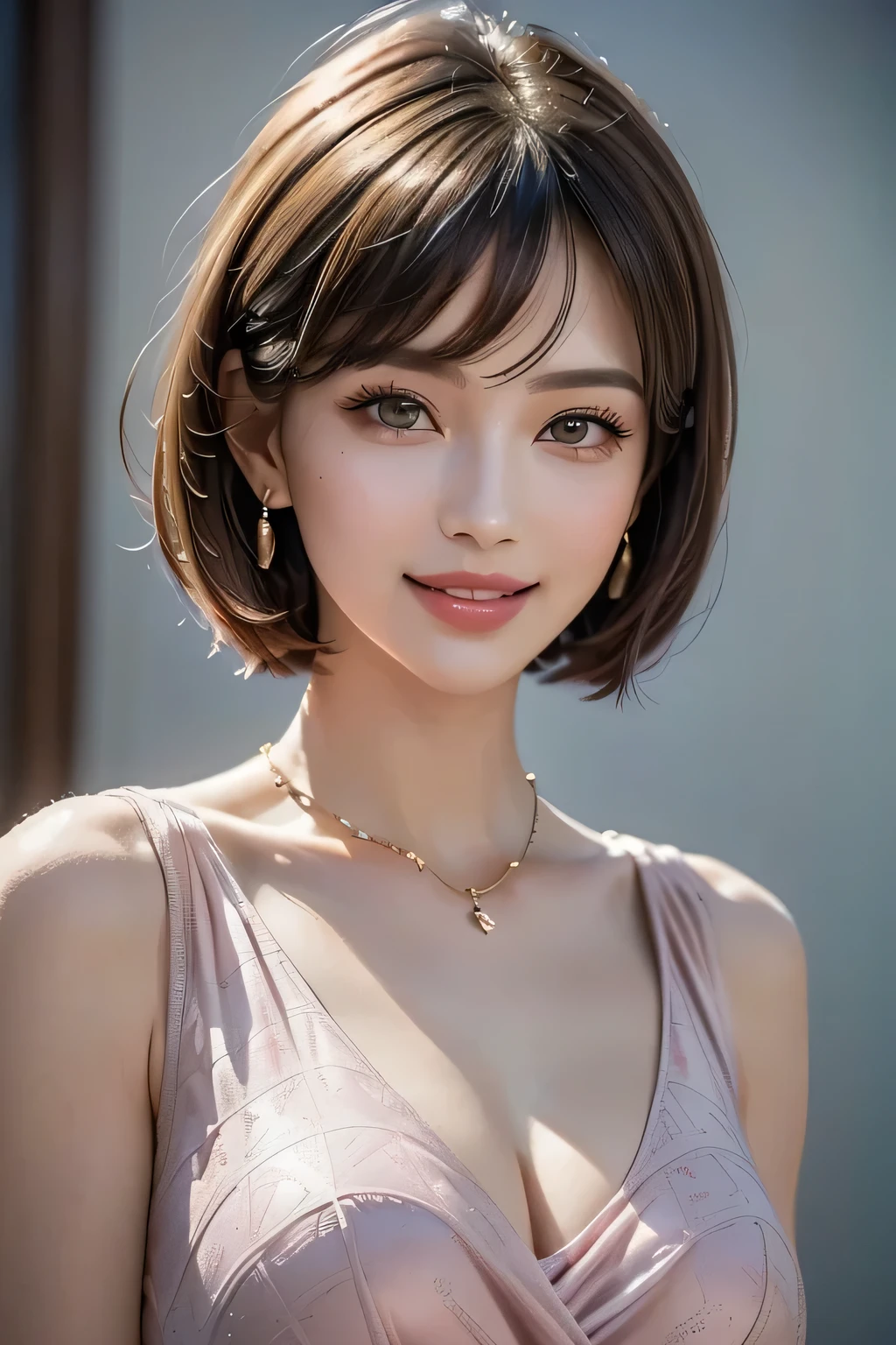 (1.  beautiful women,  supermodel ), (    perfect anatomy ), ((  cowboy shot )), Golden Ratio, (top quality:1.4), 32k resolution, (  realistic    :1.5), High resolution UHD, (masterpiece :1.2)), (Improved quality:1.4), (  Very Beautiful Face Details  ), ( smile), (Top quality), ((pink Silk Dress decorated with detailed pattern :1.37)),  earrings,   necklace, (Big Breasts:1.3), (thigh), Accurate Fingers, Very detailed, beautiful eyes,   double eyelids ,   eyelash  , Shaping your eyebrows, (( Very detailed)),   red cheeks  , Ultra-   realistic    eyes, Perfect Lips,     perfect eyes,   Natural Cosmetics  , [  Pink Lipstick], (( Commitment to quality   :1.2)), (  beautiful lips:1.33), (Great nose:1.2), (Big Breasts),   brunette pixie cut, ((  realistic  )), (( Sharp Focus )), (   highest resolution), ((  high image quality)), ((masterpiece)),   Professional Cinema Lighting 