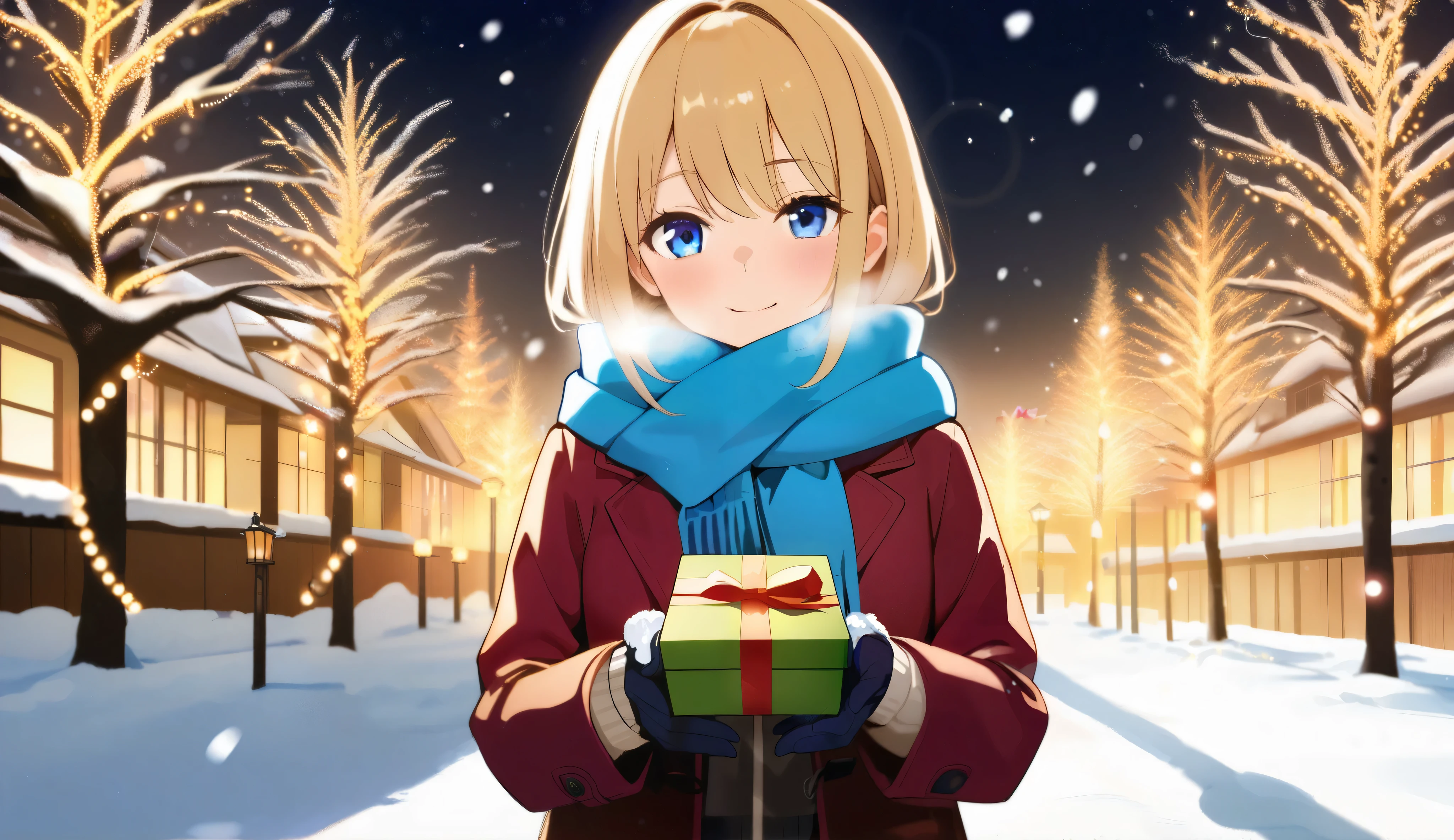 High school girl standing in front of a cozy house on a snowy winter evening, wearing a warm school uniform, scarf, and gloves, holding a small gift box. The house is decorated with twinkling Christmas lights, snow falling gently, and a warm glow from the windows illuminating the snowy yard. Peaceful and festive atmosphere.


