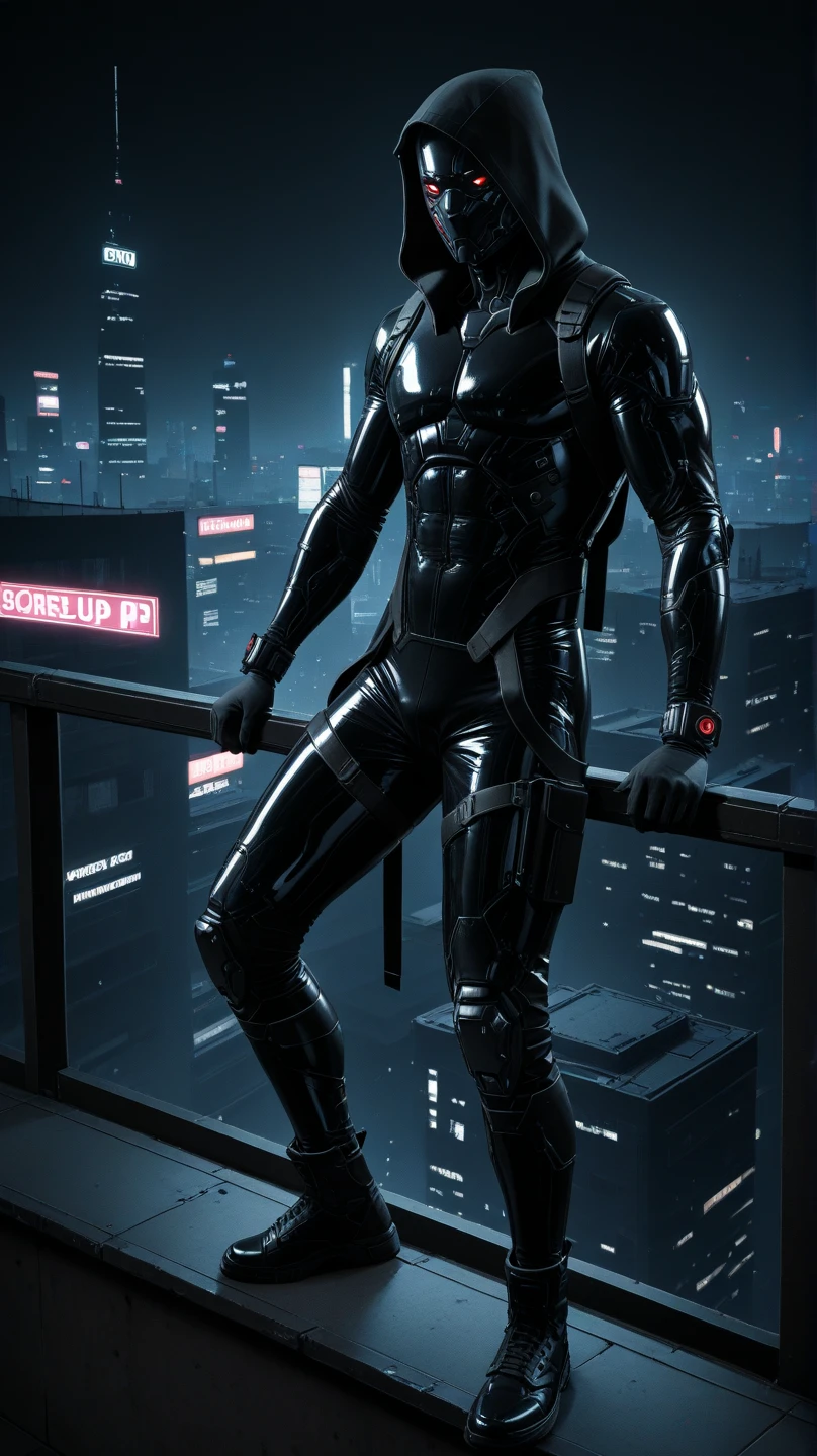 A full-body image of a muscular adult male.black leather full-body image 、and hood, a hooded person in invisible armor . wears leather armor, Tights.epic ninja suit, rogue.Leather fit to cover the whole body. smooth leather .Boy Teenage Assassin , stealth suit , cyberpunk assassin , stand on the roof of a skyscraper. . black night . Dark atmosphere .Low light.Weak lights cast dramatic shadows. Weird cyberpunk atmosphere . cyberpunk city.Futuristic tech style,robot,mecha skin,latex bodysuit .whole body image.Handheld composite mechanical giant bow.full body photo
