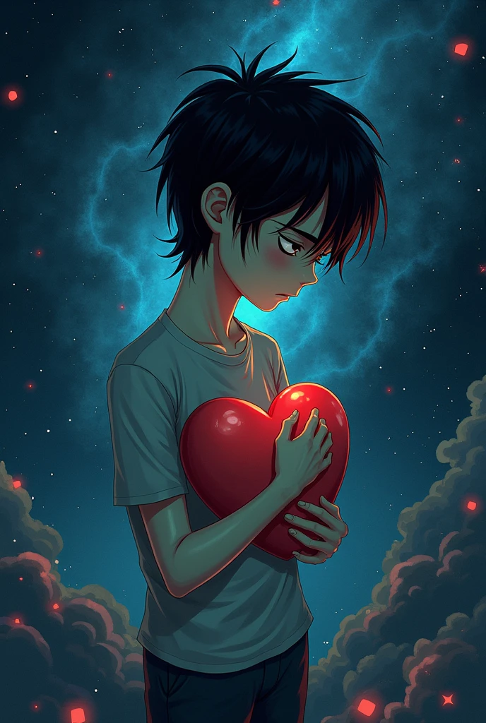 create teenage boy in profile with a red puzzle shirt, turquoise blue and light yellow holding a heart