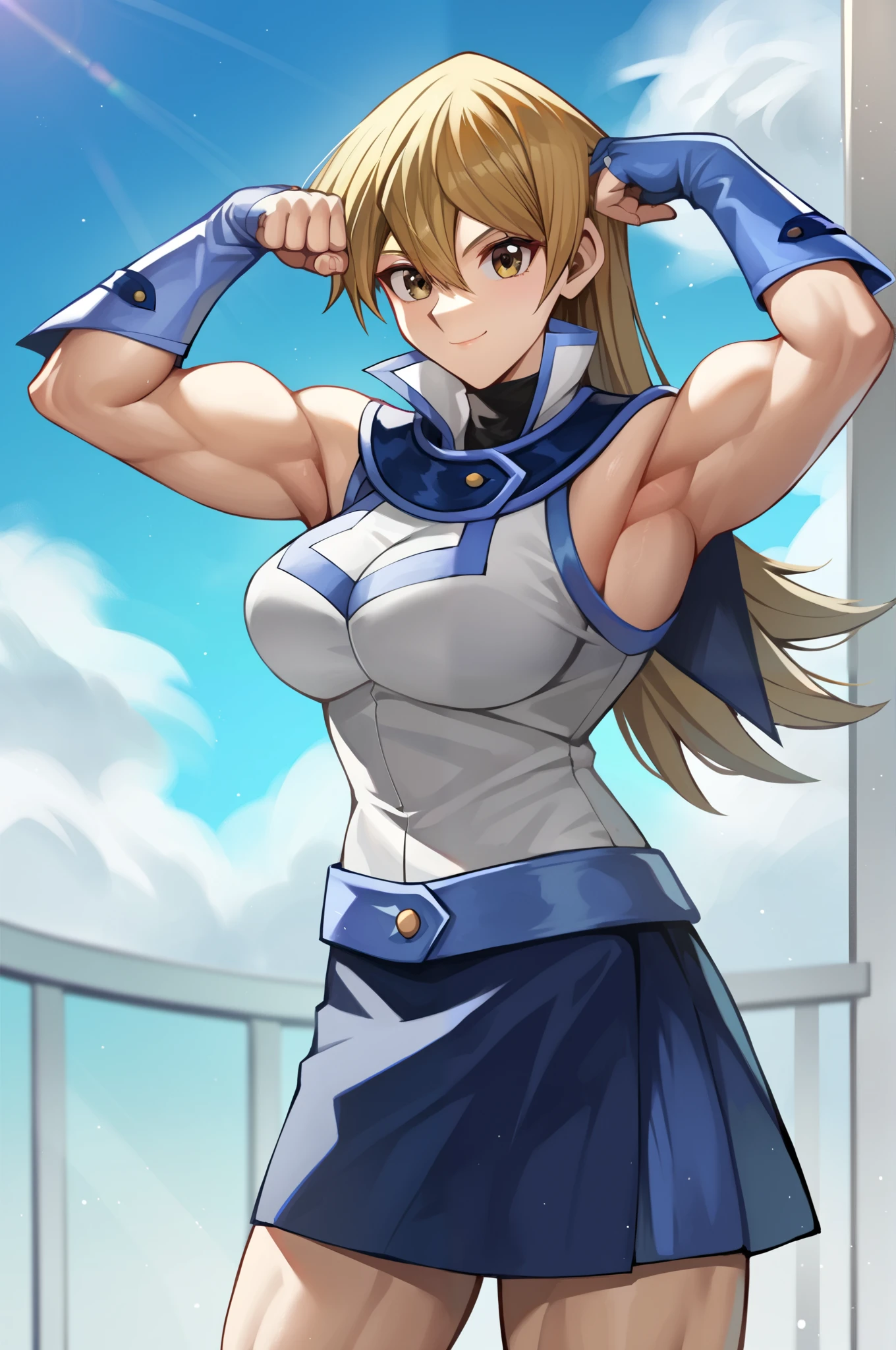 score_9, score_8_up, score_7_up, score_6_up, score_5_up, score_4_up, source_anime, Alexis Rhodes, Tenjouin Asuka, 203_wolves, Yu-Gi-Oh GX, 1girl, solo, toned, flexing, blonde hair, obelisk blue uniform, skirt, smile, closed mouth, tenjouin_asuka, duel_academy_uniform_\(yu-gi-oh!_gx\), blue_skirt, white_jacket, miniskirt, biceps