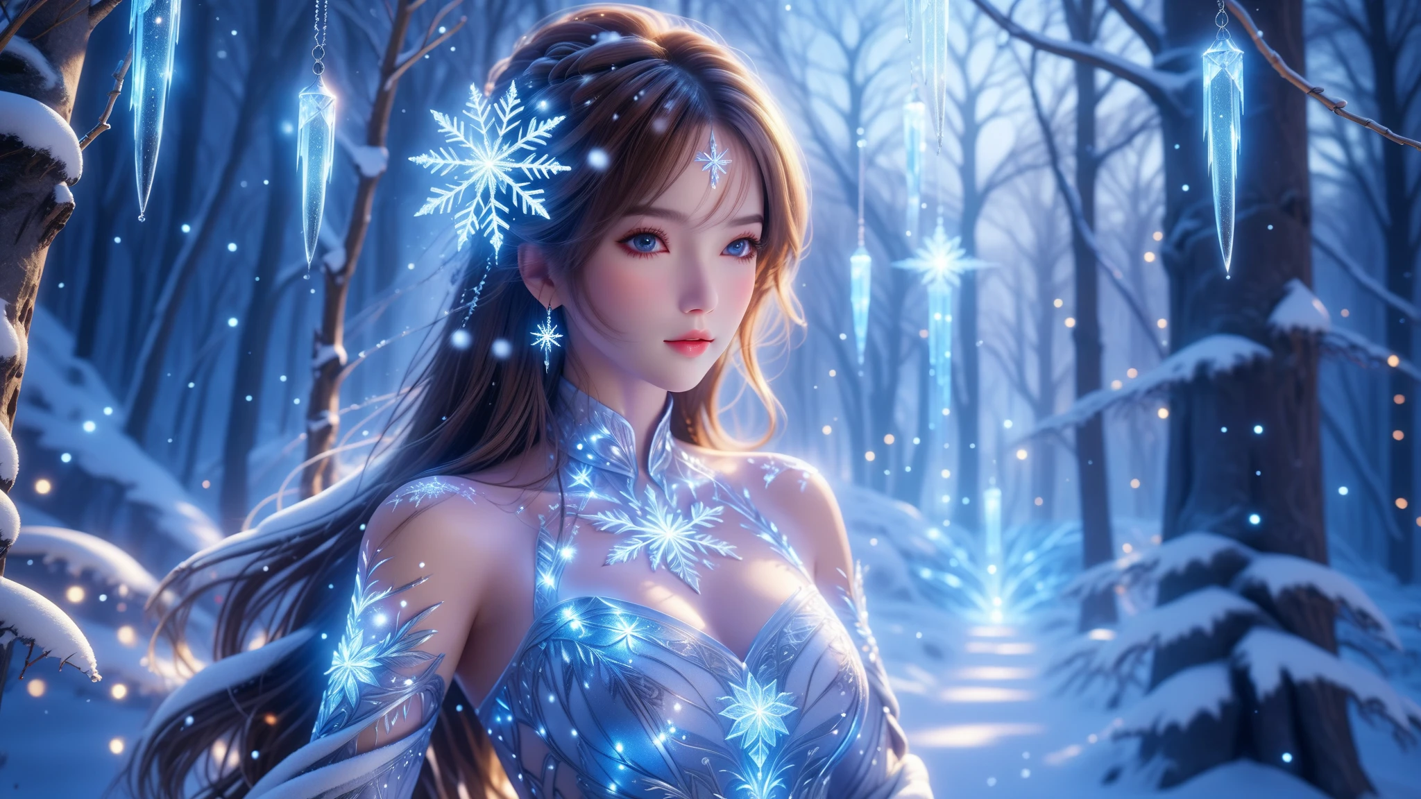 A Masterpiece In 32K Resolution, Supreme Quality, Super Detail, Official Art, Cinematic Lighting, Beautiful And Aesthetic, Ultra-Detailed Features, Very High-Resolution 32K Wallpaper. Create A Magical Winter Wonderland With A Snow-Covered Forest, Glimmering Icicles, And Twinkling Stars Above. The Focus Should Be On A Beautiful Woman In A Winter, Highlighting Her Ample Breasts, With Snowflakes Gently Falling Around Her. Include Intricate Snow Patterns, Bold Lighting Contrasts, And Soft Shadows. The Scene Should Feel Peaceful And Dreamy.