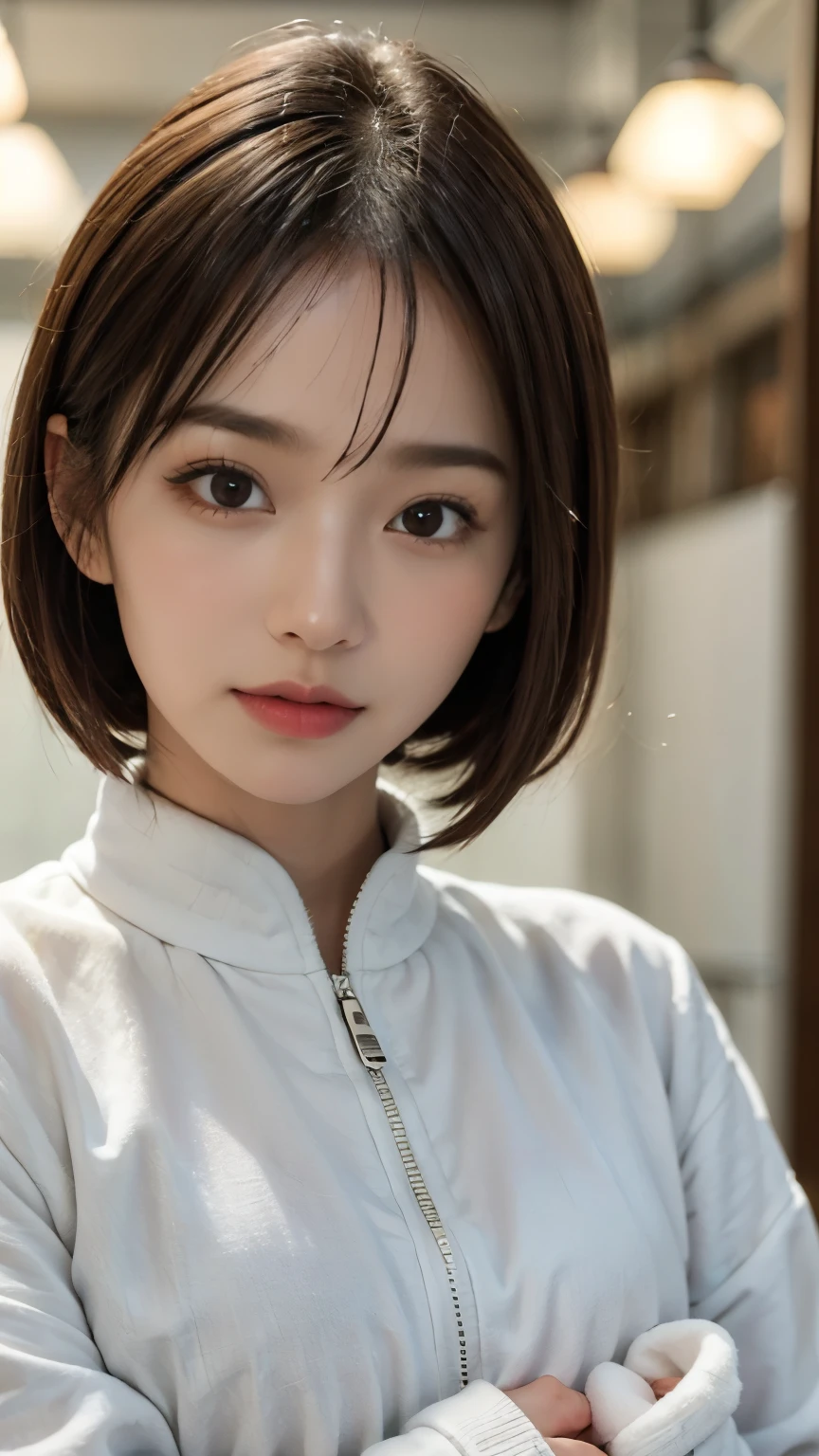  cute 21-year-old Japanese 、 Super Detailed Face 、 pay attention to details 、 double eyelids in judo uniforms、 beautiful thin noses、 Sharp Focus:1.2、 beautiful women:1.4、( light brown hair, Shorthair、),Pure white skin、 top quality 、masterpiece、 super high res、( Photorealistic:1.4)、Light from outside、Laughter、Pay attention to Pinaphore 、corridor、Cute Winter Clothes、