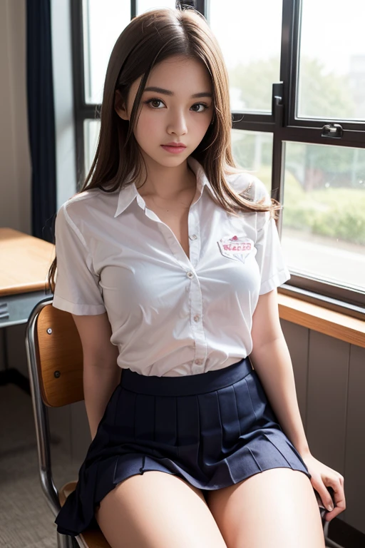 Student, beautiful girl, black hair, huge breasts, wearing a bare-chested shirt student uniform, wearing short skirt,,sit with your legs crossed on a table,sexy post, in the classroom.
