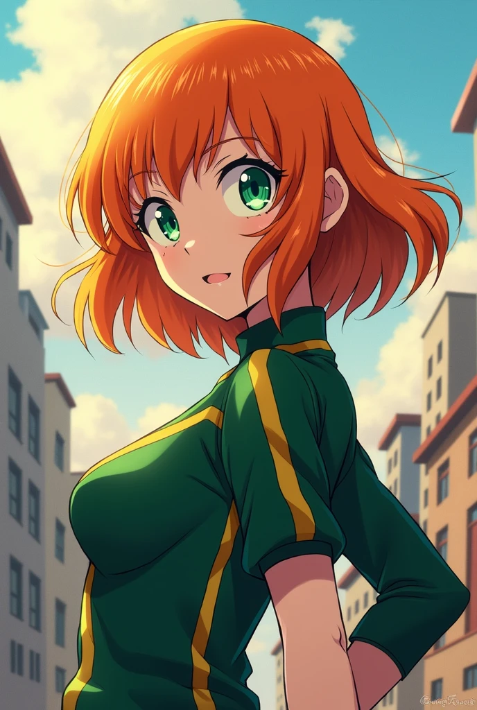 Create a live-action depiction of a gender-swapped version of Kazuma Kuwabara as a female character. She should retain the original’s hairstyle and outfit, with clothing designed to emphasize cleavage. The background should reflect the original’s setting with realistic details.