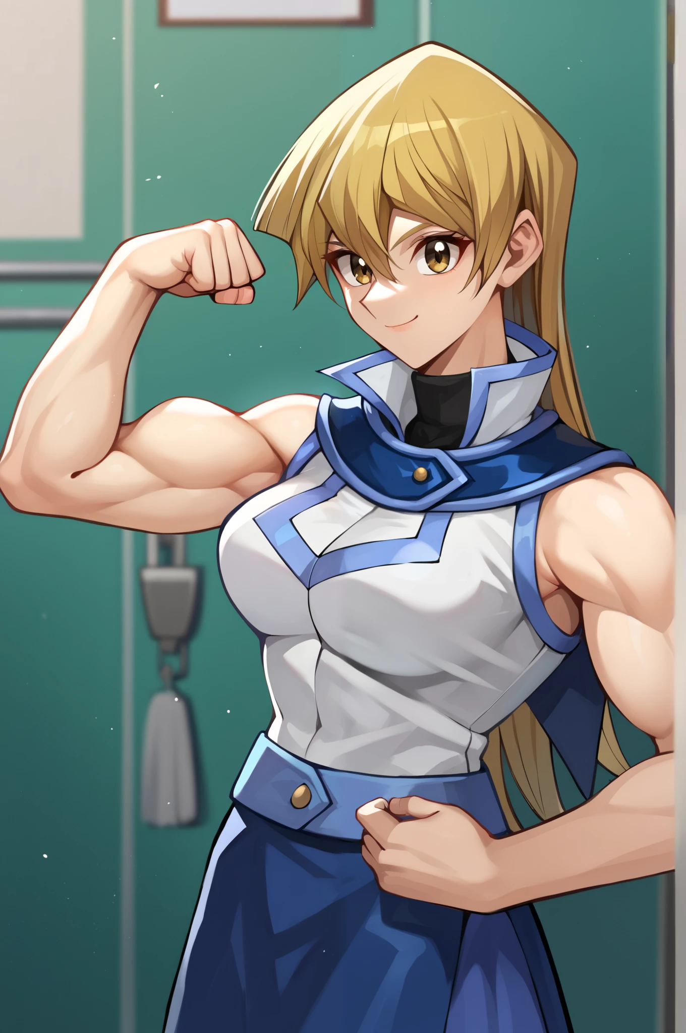 score_9, score_8_up, score_7_up, score_6_up, score_5_up, score_4_up, source_anime, Alexis Rhodes, Tenjouin Asuka, 203_wolves, Yu-Gi-Oh GX, 1girl, solo, toned, flexing, blonde hair, obelisk blue uniform, skirt, smile, closed mouth, tenjouin_asuka, duel_academy_uniform_\(yu-gi-oh!_gx\), blue_skirt, white_jacket, miniskirt, biceps