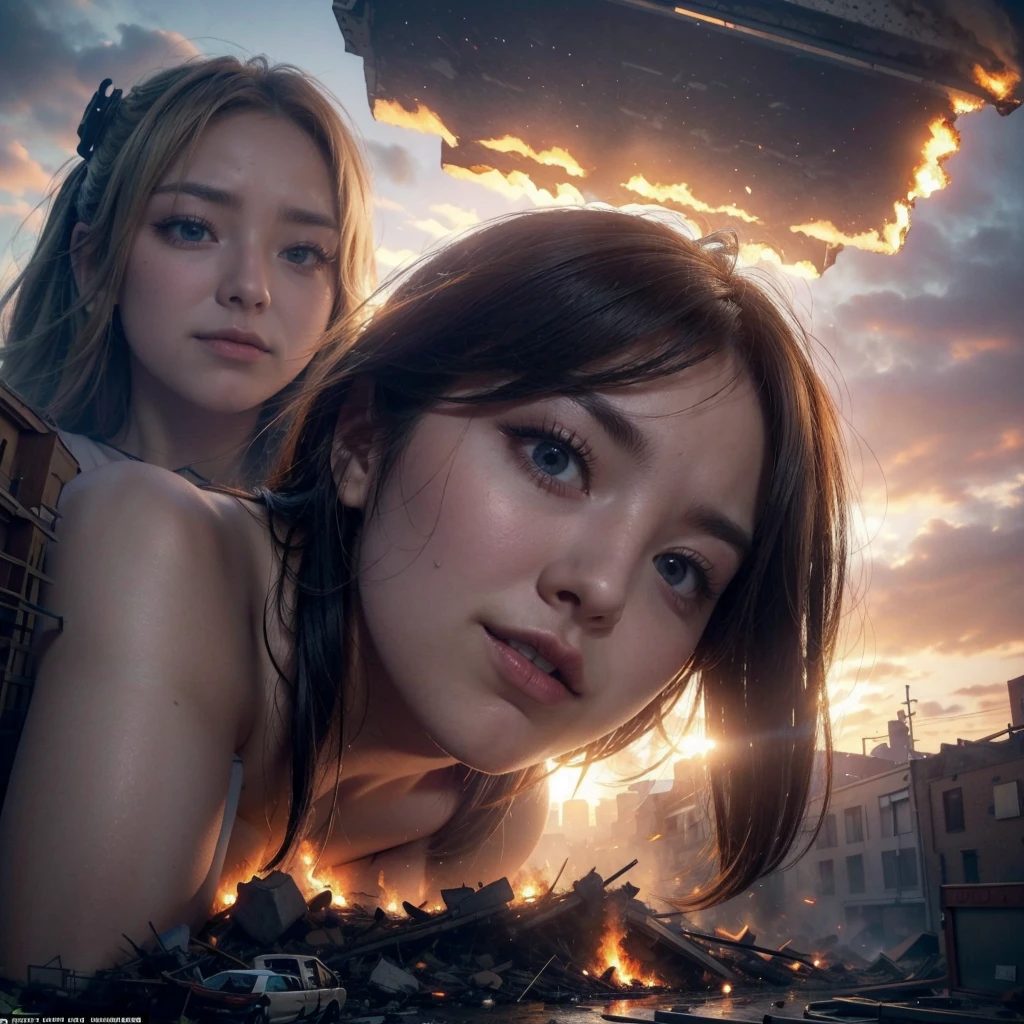 (giantess elements,   high resolution,   high quality  , Accurate body structure,   detailed body  )    Towering huge blonde woman   ,   looks at the approaching woman from below,  Huge woman attacks town , cute, women   Destruction of a small town  ,   Destruction of a small town  , mischievous expression, Japanese, white skin, Smiling, Trample buildings, rubble, Burning small town,  Destroyed small buildings , collapsed highway, Car being crushed, Evacuation of residents,   sunset  , Burning small town, Please, go, Trample,   anatomically correct  ,   Exact human bodies  , accurate skeleton,   full body portrait  ,   blue eyes  , rubble scattered at feet,  Higher than a skyscraper ,   big impact  , toll, giantess elements, Women drawing large,  Ascending destructive elements , Make the city smaller , Angry,