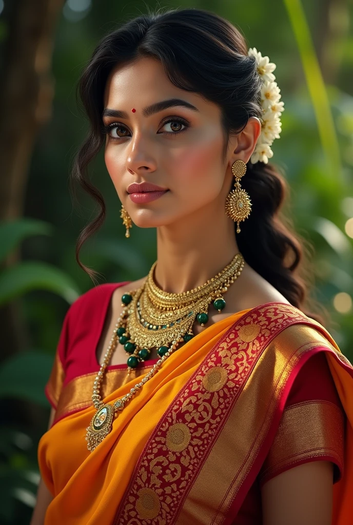 Create a high-quality, detailed image of a retro South Indian woman. The style should evoke the elegance and traditional charm of the mid-20th century.

Appearance:

The woman should have classic South Indian features, with expressive eyes, a broad forehead, and a warm smile.
She should have long, dark hair styled in a traditional way, such as a braid adorned with jasmine flowers.
Attire:

She should be wearing a bright, tight-fitting T-shirt in vibrant colors like deep red, emerald green, or royal blue. The T-shirt should have a slightly retro design, possibly with traditional patterns or motifs.
Jewelry:

Adorn her with traditional South Indian jewelry: a large gold necklace, jhumka earrings, bangles, and a nose ring.
Include a maang tikka (forehead ornament) and vanki (armlet).
Background:

The background should be simple yet indicative of a South Indian home, possibly featuring traditional elements like wooden pillars, brass lamps, or a kolam (rangoli) design on the floor.
Overall Feel:

The image should have a nostalgic, vintage feel with warm, soft lighting to enhance the retro ambiance.
Ensure the colors are rich and vibrant, but with a slightly muted, classic tone to convey the vintage aesthetic.