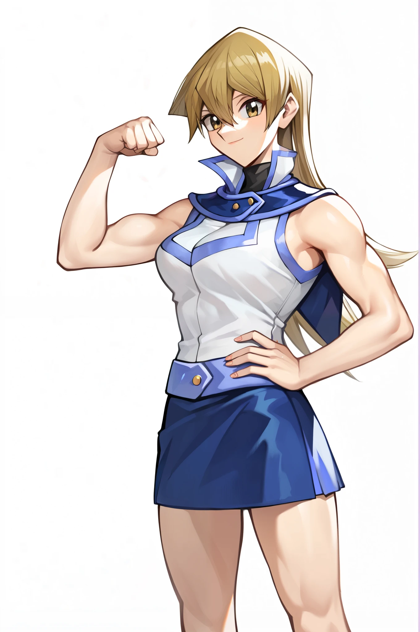 score_9, score_8_up, score_7_up, score_6_up, score_5_up, score_4_up, source_anime, Alexis Rhodes, Tenjouin Asuka, 203_wolves, Yu-Gi-Oh GX, 1girl, solo, toned, flexing, blonde hair, obelisk blue uniform, skirt, smile, closed mouth, tenjouin_asuka, duel_academy_uniform_\(yu-gi-oh!_gx\), blue_skirt, white_jacket, miniskirt