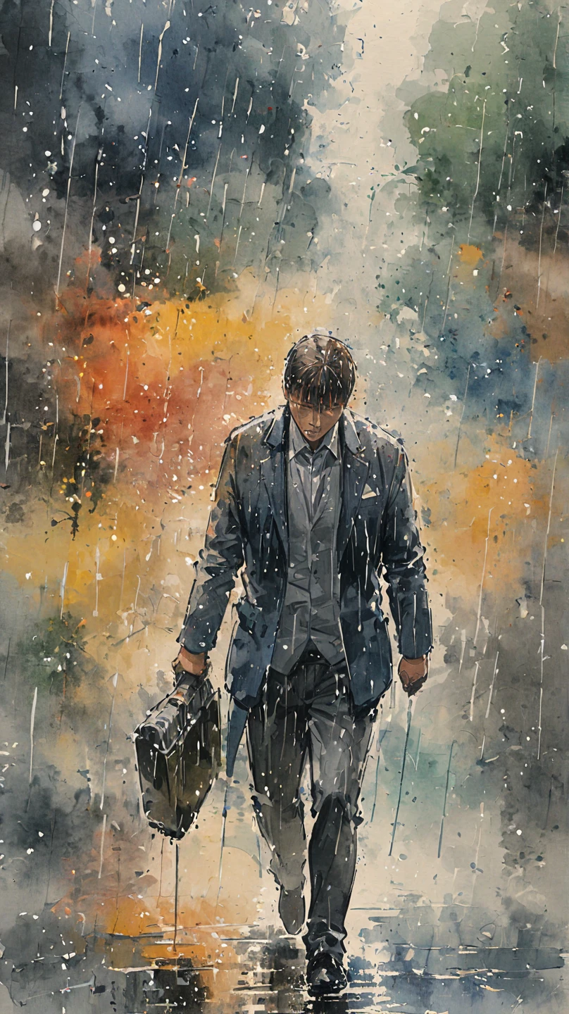 watercolor painting of a man in suit in the rain. full body shot of the man who is soaked under the rain. he tilts his head up to face the rain, the rainwater flows down his face. he is walking in the street, holding his hands out to feel the rain. watercolor brushes stroke painting style. the sky is dark.