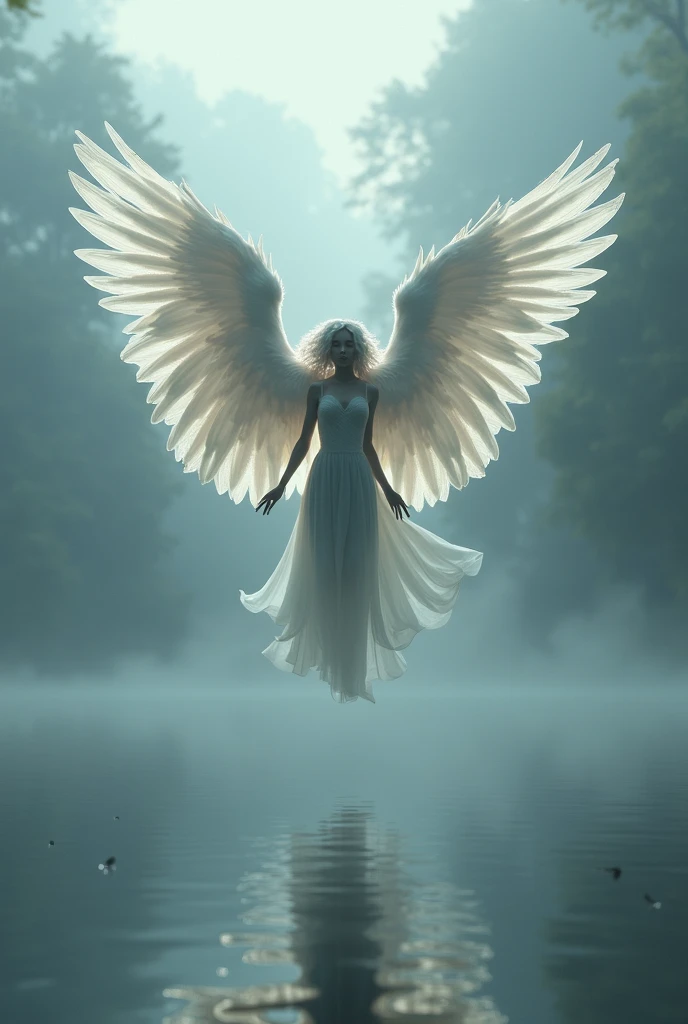 a picture of a female angel flying over a lake ((the angel's reflection mirrored perfectly in the lake: 1.5)), full body shot, a beautiful female angel, divine beauty angel, ((ultra detailed face: 1.3)), (best detailed face: 1.3), dynamic eye color, dynamic hair color, dynamic hair style, intense gaze, wearing dynamic clothing, hovering over a lake, (white angelic wings spread: 1.3), (((a perfect reflection of the angel seen in the lake: 1.5))) vibrant, Ultra-high resolution, High Contrast, masterpiece:1.2, highest quality, Best aesthetics), best details, best quality, highres, ultra wide angle, 16k, [ultra detailed], masterpiece, best quality, (extremely detailed)