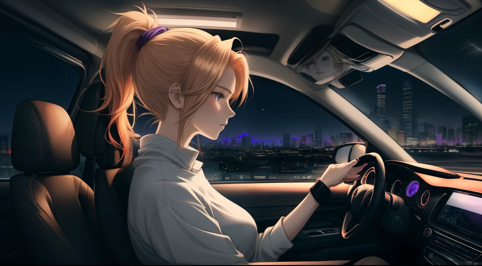 "An anime-style a woman blonde-red hair tied in a sleek ponytail, sitting in the driver's seat of a car at night. The perspective is from the passenger side, showing her side profile as she looks out of the window with a melancholic and calm expression. The car interior is dimly lit with soft neon purple accents, and the background outside the car window displays a futuristic urban cityscape under a starry sky. She is wearing casual, modern clothing, and her hands rest gently on the steering wheel. The overall atmosphere is reflective and tranquil."