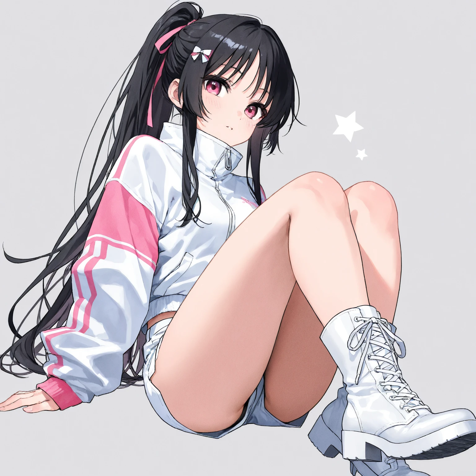  high school girl、 Japanese、 white enamel hot pants、 white boots that shoot bows、 white enamel jacket 、The clothing color is white and pink 、 black hair、 ponytail、Tall、Rin々Shii