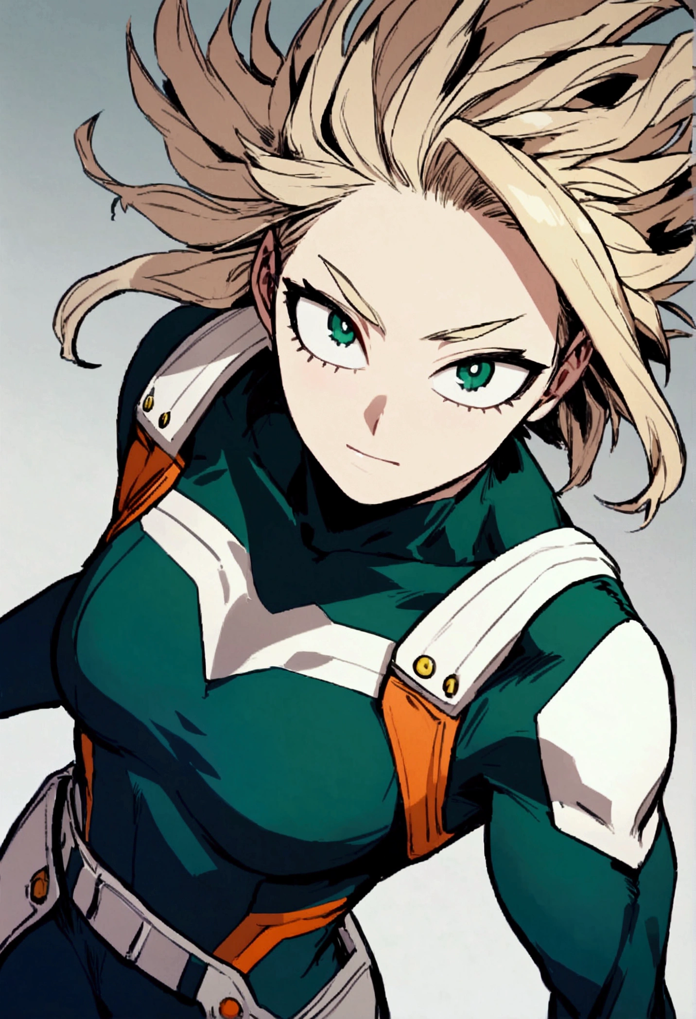 My hero academia, girl with half brown hair half yellow hair, one green eye and one white eye, pale skin, boku no hero academia