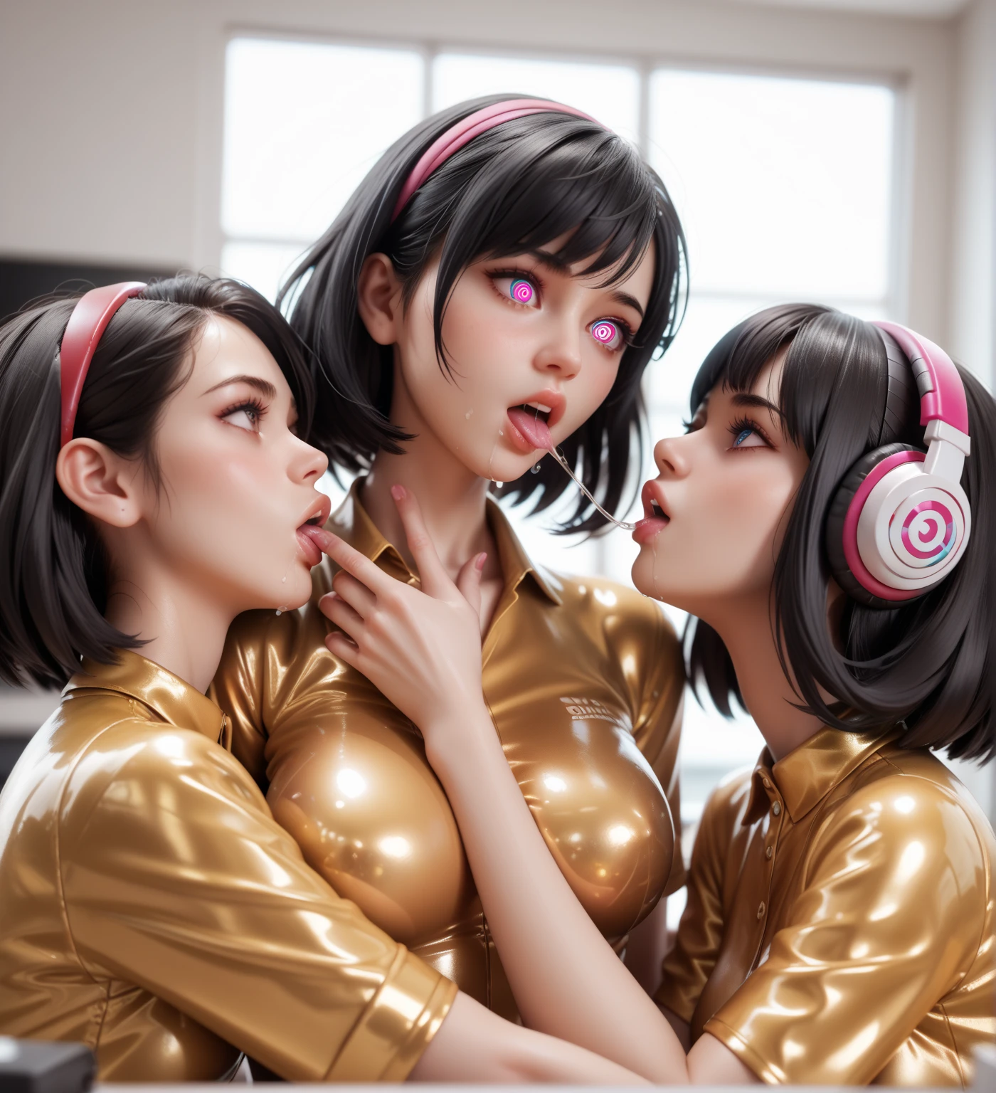  3 girls in extremely tight shiny golden latex polo shirt, Medium hair,  black hair , Lens reflection,  reflecting light ,  are in the apartment sitting at the computer ,Spiral eyes, saliva, salivafluss, salivaspur, headphones,A set of , kiss