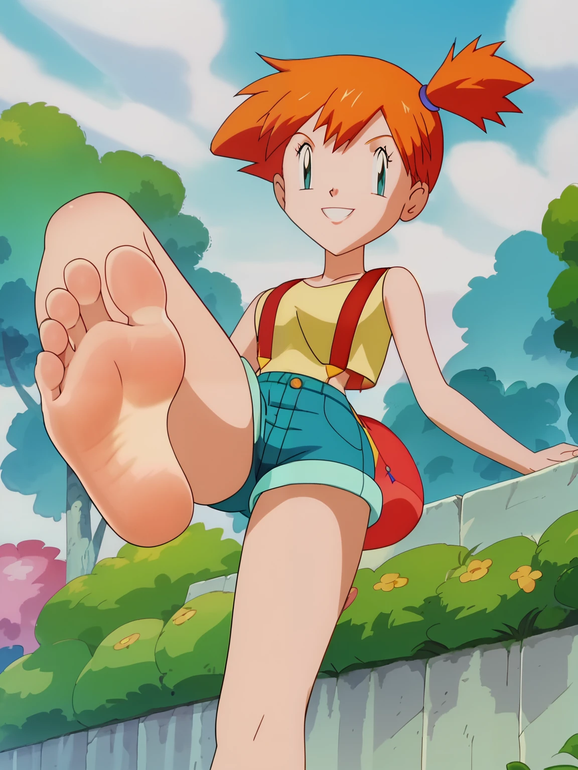 score_9, score_8_up,source_anime,
1girl, Pokémon, Misty, alone, looking at viewer, cowboy shot, anime screencap, anime coloring,barefoot,Perfect feet,Anatomically correct,soles,low angle,Focal length 35mm, Five toes,front,Symmetrical Soles,Foot Focus, in a garden, standing, lifting one leg to show her soles, flirty gaze, flirty smile,
