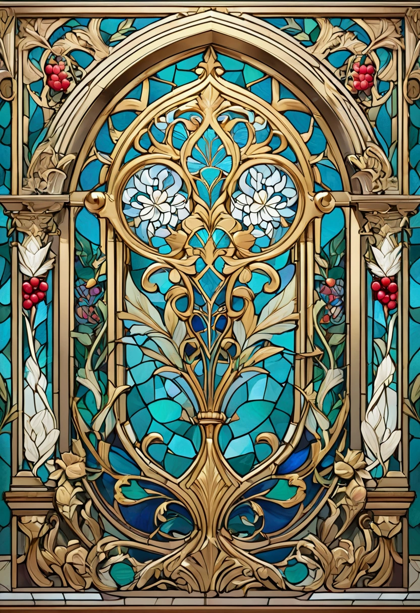  masterpiece fails,  high quality, super detail,  work of art,  Gold and turquoise stained glass heraldic coat of arms on a translucent background, the stained-glass window has a gold outline ,  and the fill has different shades of turquoise, green, white, small red berries ,  floral patterns and ornaments on the coat of arms, very great detail ,  lots of small patterns and swirls , backlighting, Classicism, high details,  highres icon, UHD, high details,  highres icon, UHD