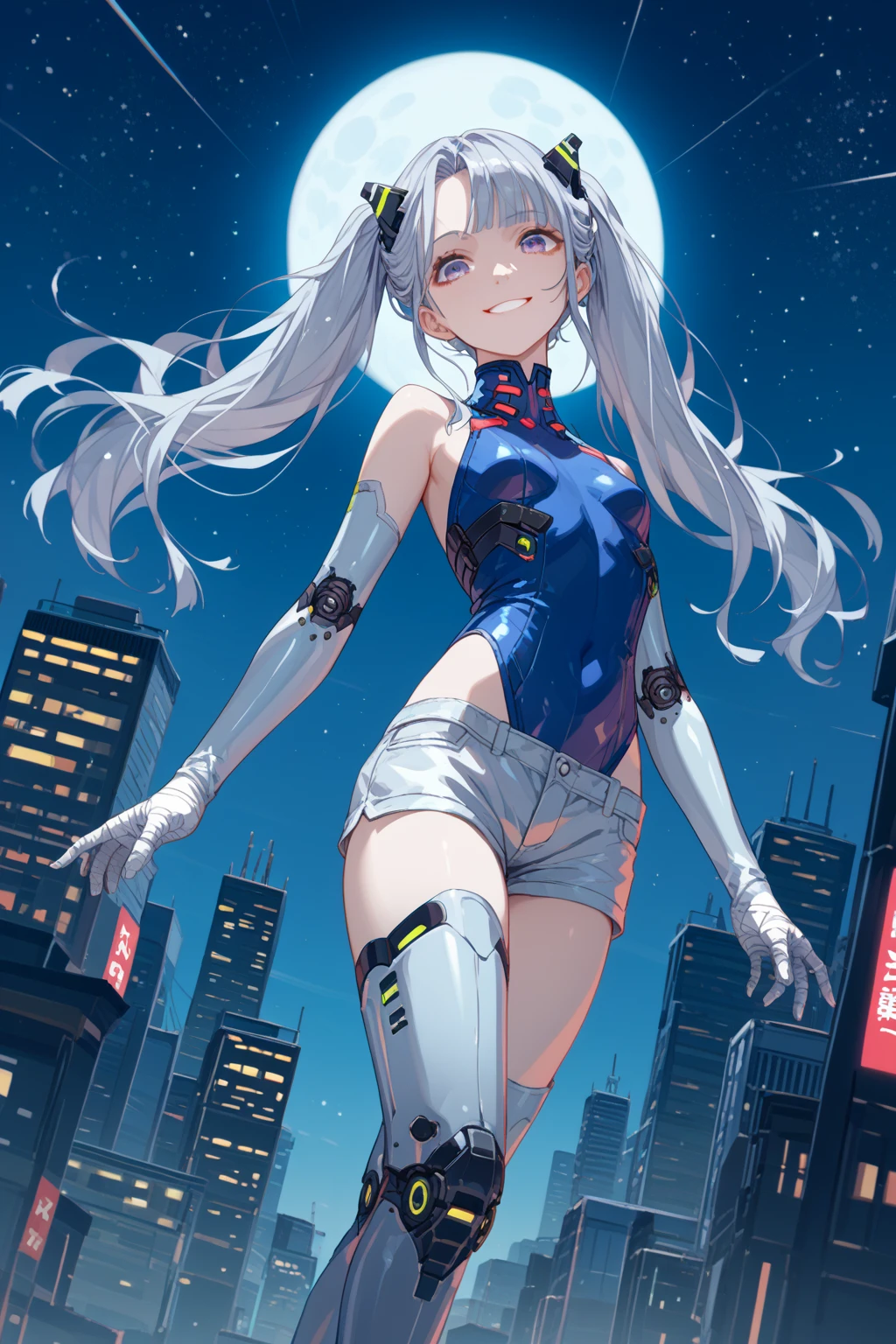  highest image quality taken by Ki、 masterpiece、  super high definition 、（Shooting Resolution ：1.4）、  super high definition シネマ、  angle view from below with a bandage、  Cyberpunk Night City 、  girl、  Silver Hair Twin Tails、SILVER SHORTS 、whole body、smile、Character 1 person、  purple eyes、  Metallic Sky Blue High Neck Leotard、  SILVER OPERA GLOVES 、（（ black tights））、 silver thigh high boots 　Big full moon　 full of stars