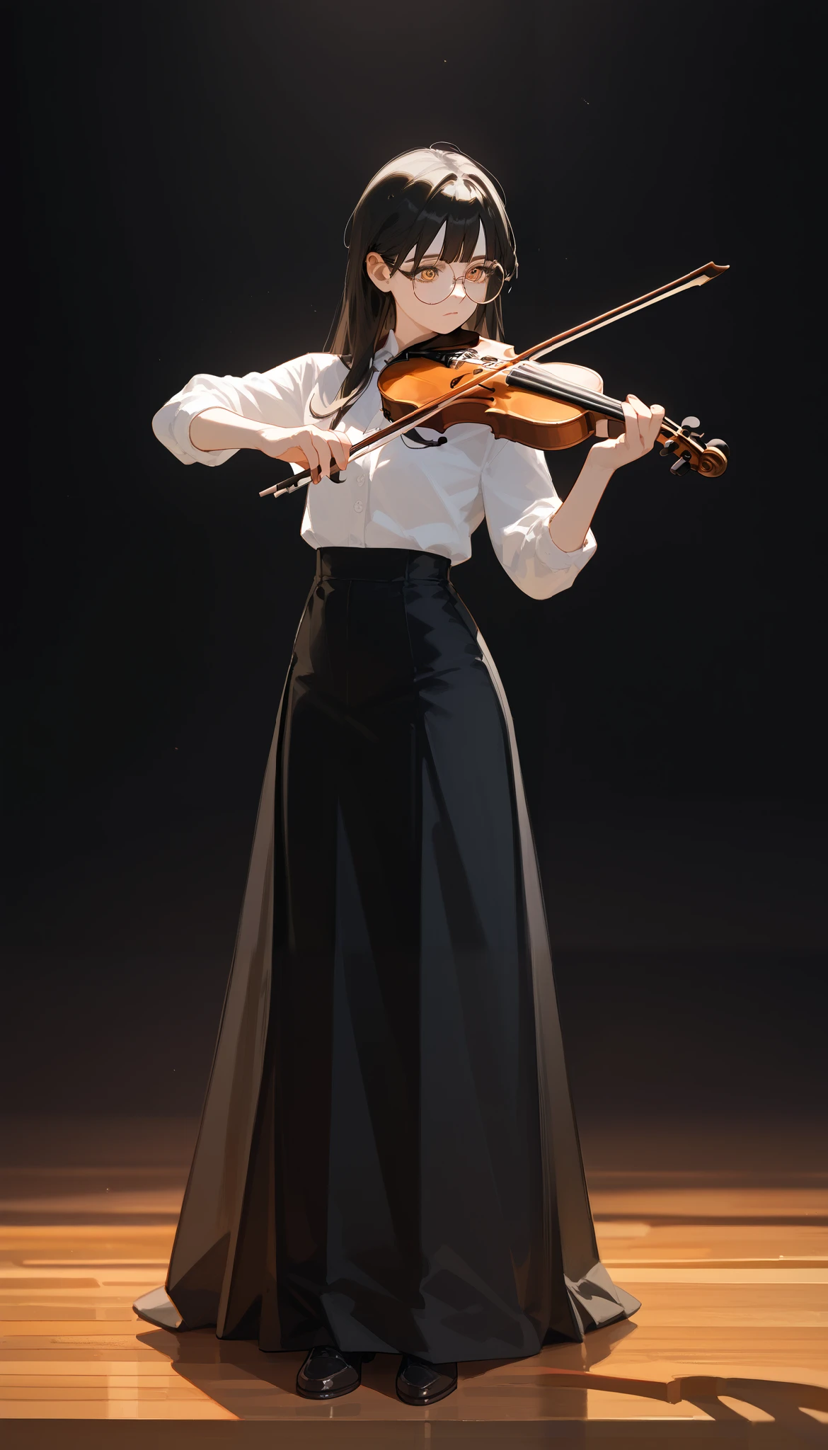 alone,girl,Black blonde hair,Bangs, ,Long hair,Black hair ends, in golden bronze eyes,Black hair ends,detective, White Shirt,  Black Skirt ,fiddling, long skirt,Full body photo, playing violin ,Wear round glasses, maximum detail 