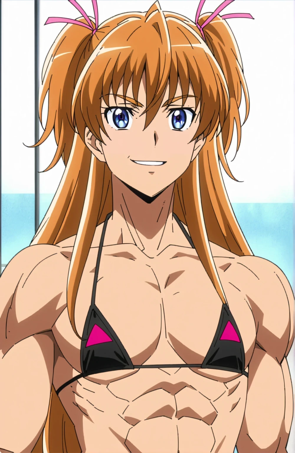 Man in bikini standing on the beach next to palm trees, Boy with long two side up brown hair, Long twin-tailed brown-haired boy, boy with purple eyes, solo, captivating anime boy, 魅力的なanime boy, bikini with an black and yellow edge top, bikini with an black and yellow edge bottom, Highly rated on pixiv, wearing bikini swimwear, seductive anime men, whole body, Are standing, wearing a swimsuit, in a triangle bikini, かっこいいanime boy, Smooth anime CG art, clothing:bikini swimwear, Beautiful charming anime men, realistic bikini, cool anime guy, beautiful charming anime teen, (anime boy), Highly detailed altogerm, Beautiful anime men, black and yellow bikini, anime moe art style, best anime boy, male focus,