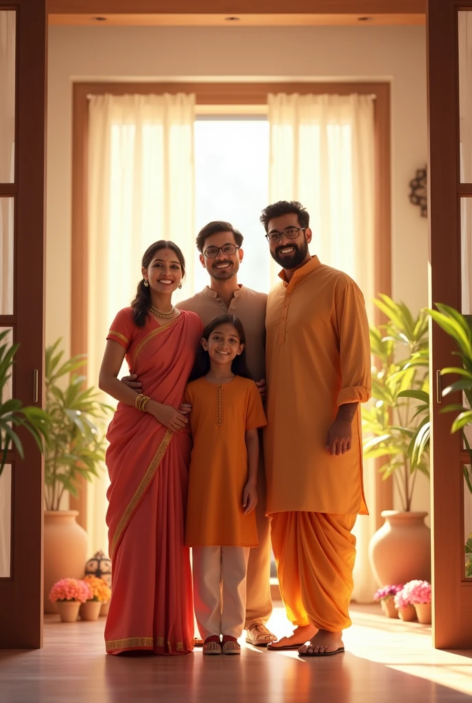 (photorealism:1.2), beautiful Indian family with husband wife and two boys and new home with decoration and gods frames